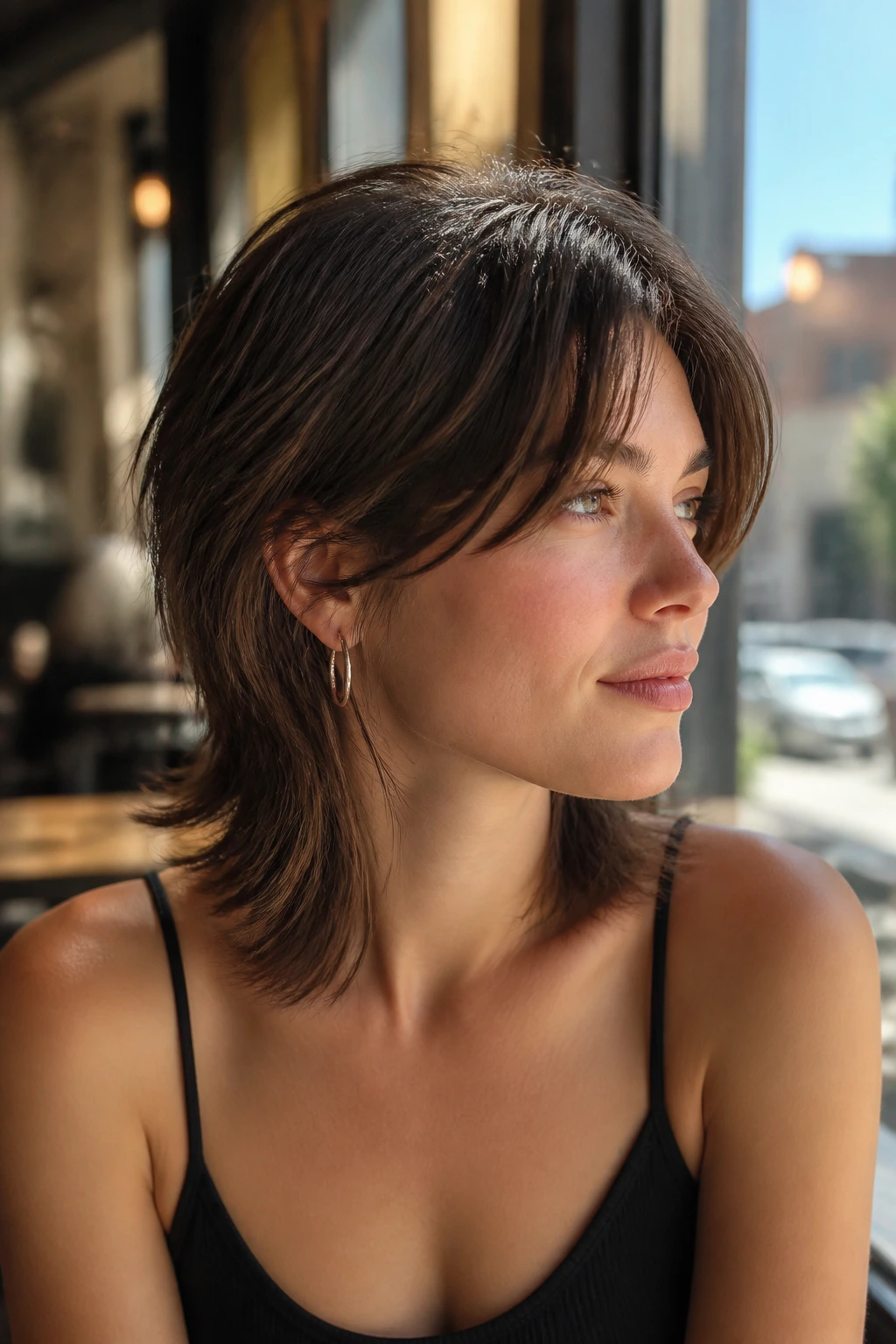 Close-up of a real woman with a soft mullet lite hairstyle