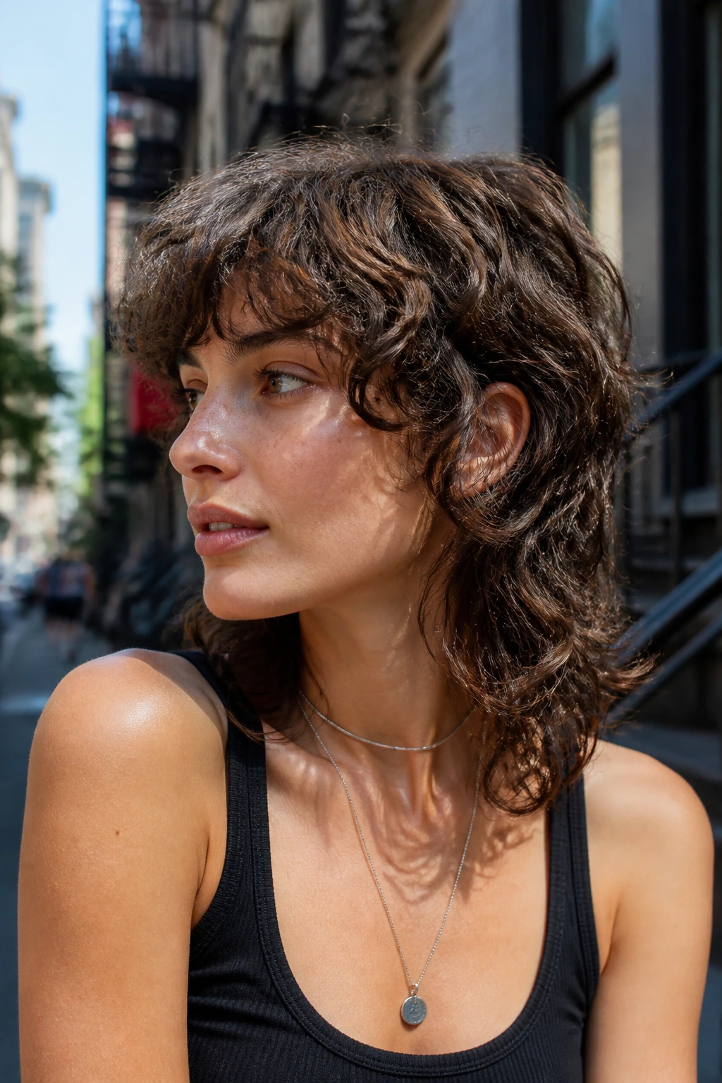Portrait of a real person with soft mullet-lob hairstyle showing crown-short, back-long shape