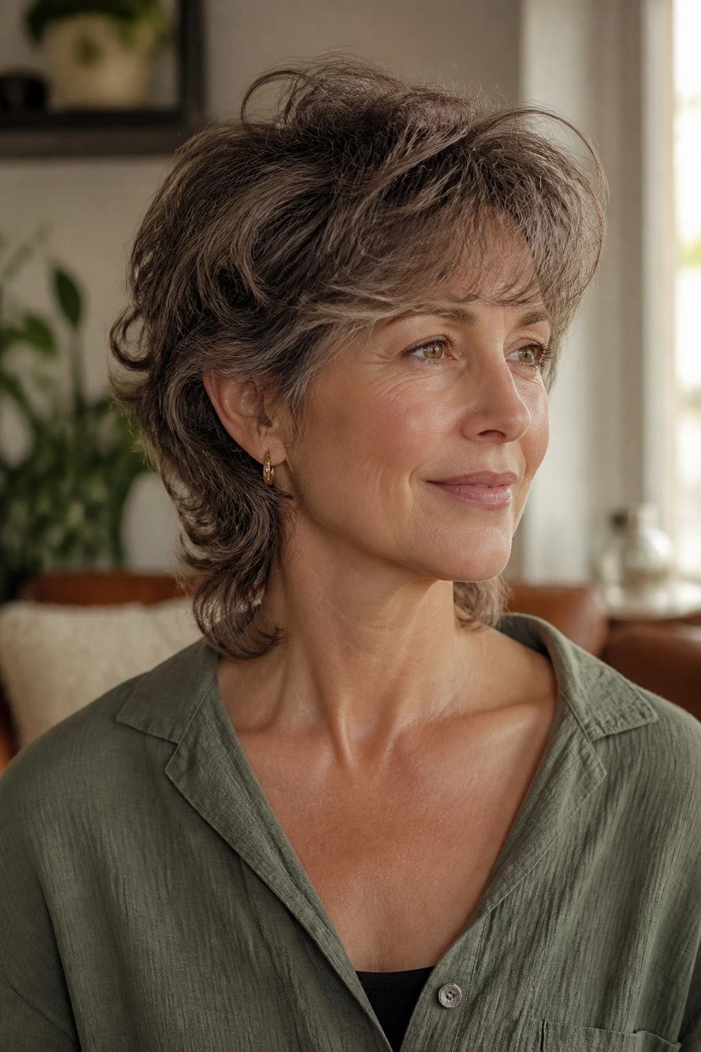 Close-up portrait of a real woman with a soft mullet and longer nape.