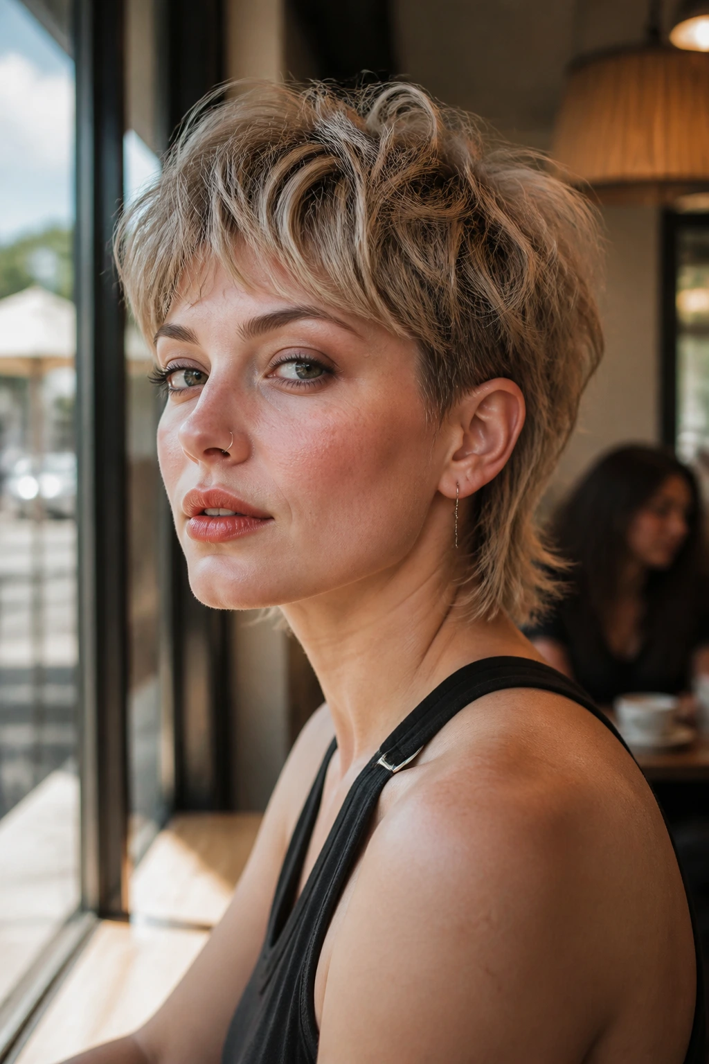 Soft mullet pixie on real woman, close-up portrait with longer nape