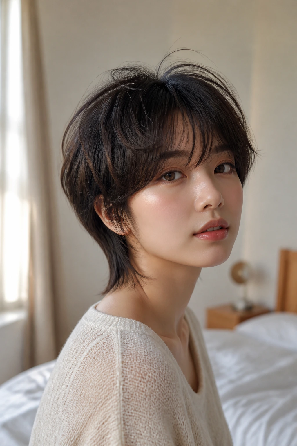 Close-up portrait of a real woman with fluffy fringe on a soft mullet pixie hairstyle in window light