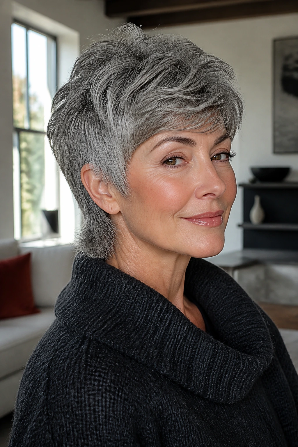 Close-up of a real person with soft mullet pixie and back length in gray hair