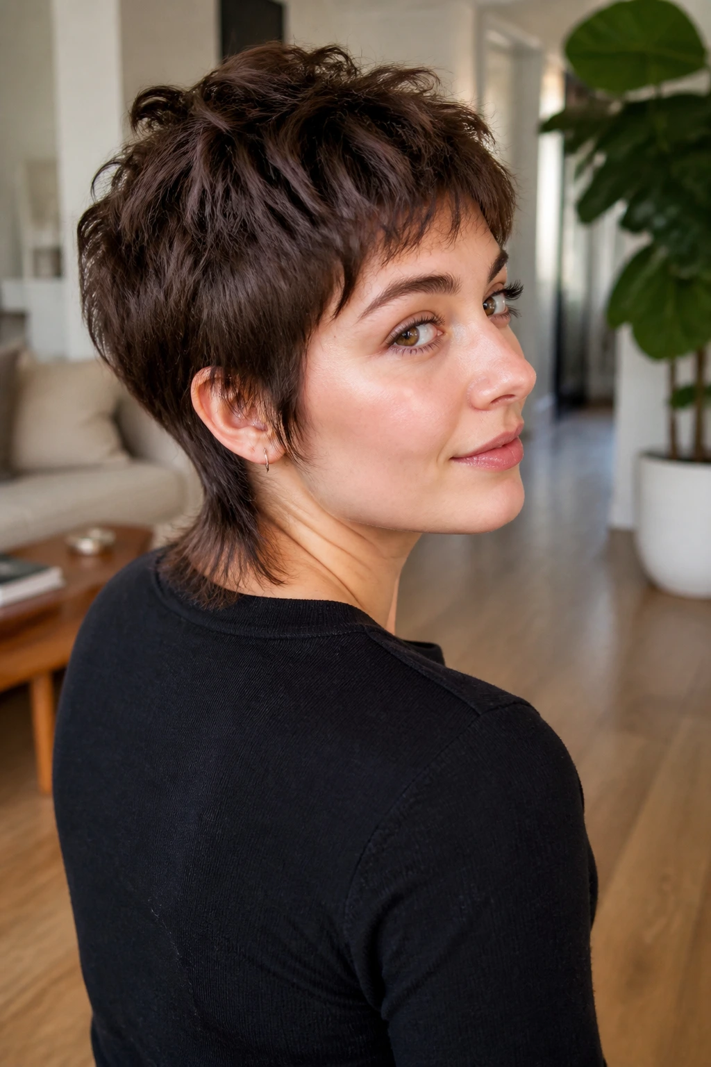 Close-up portrait of a real woman with a soft mullet pixie and longer back