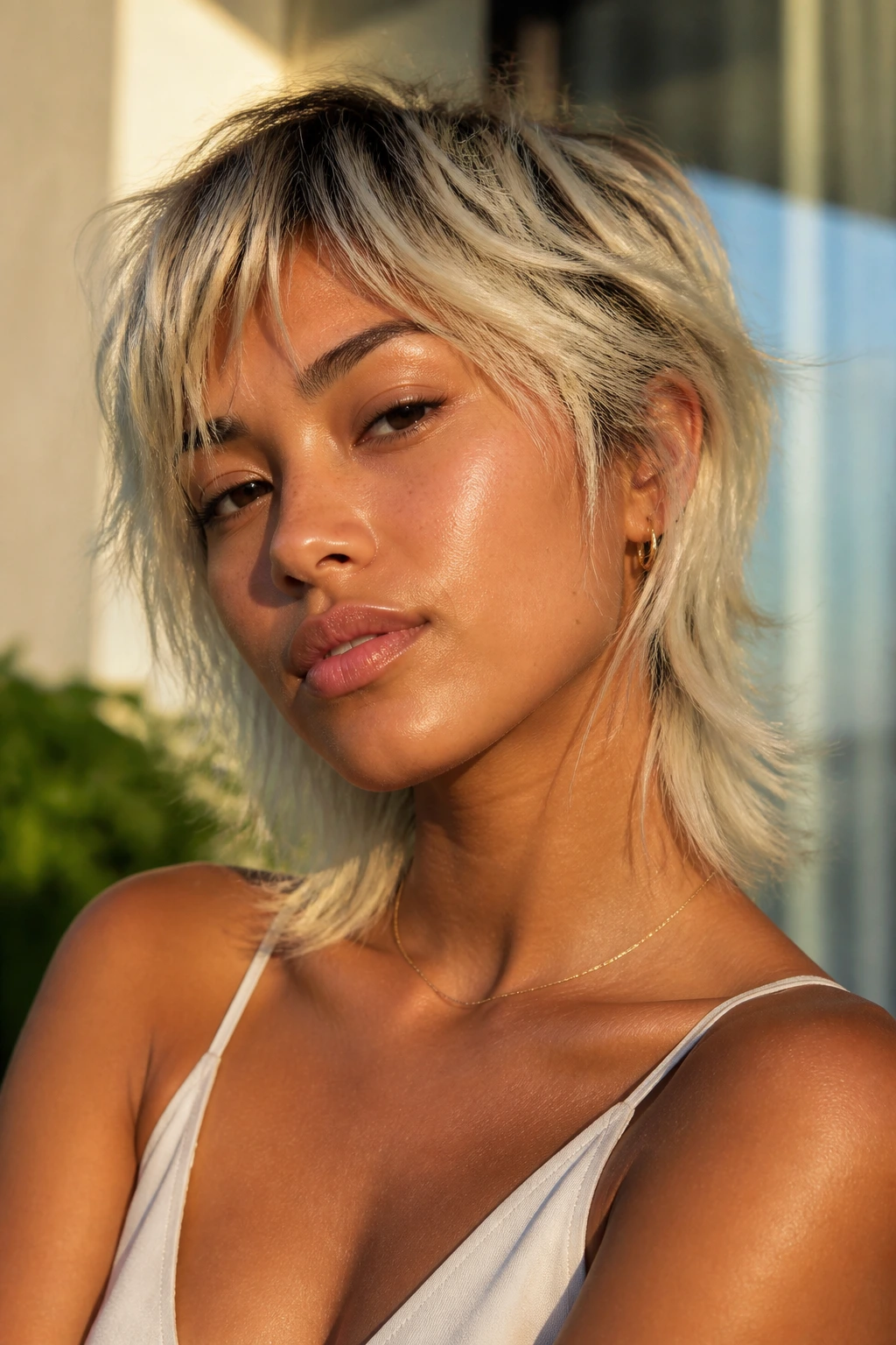 Real woman sporting a soft mullet with platinum ends and a root shadow on tan skin.