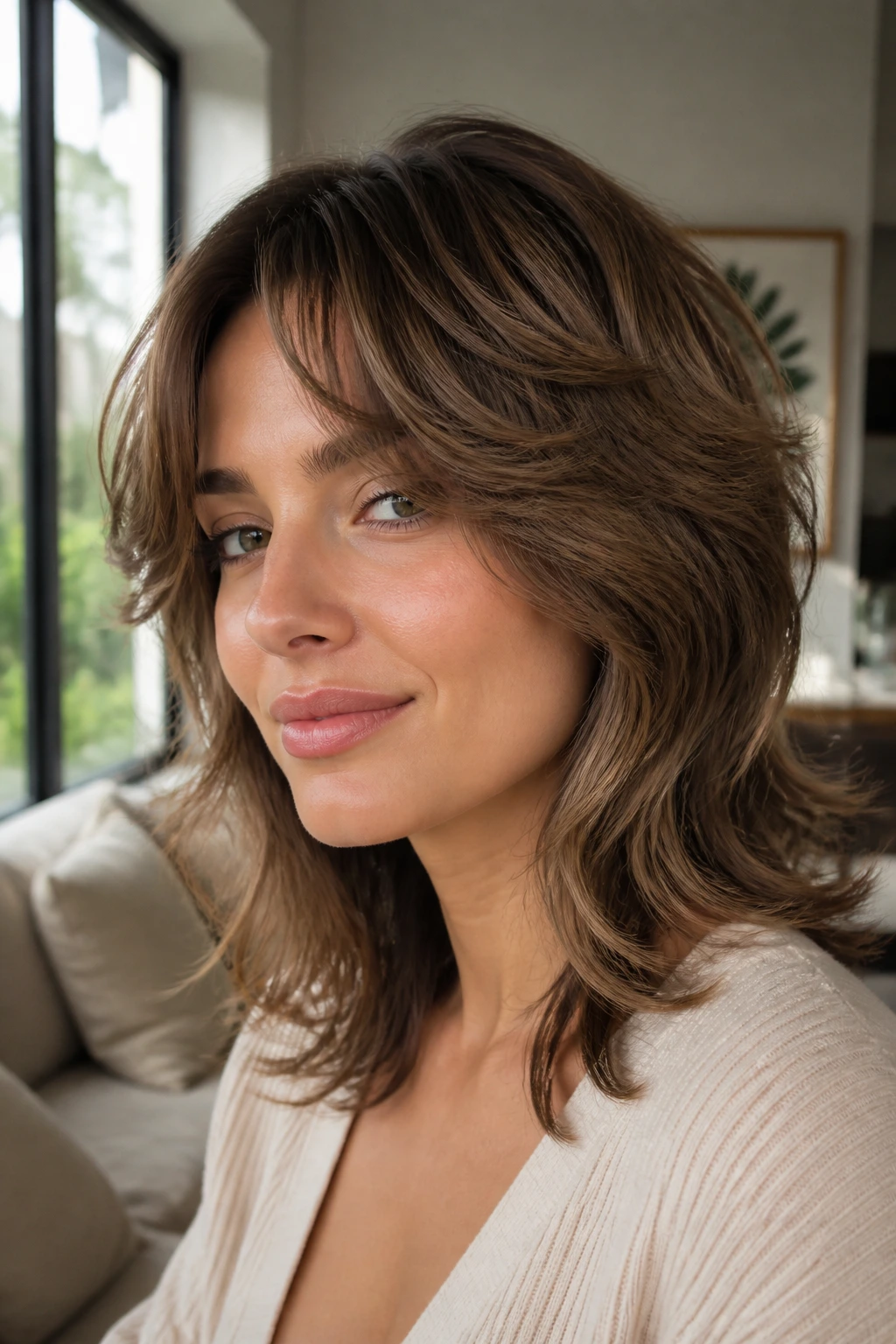 Close-up portrait of a real woman with a soft mullet and polished finish