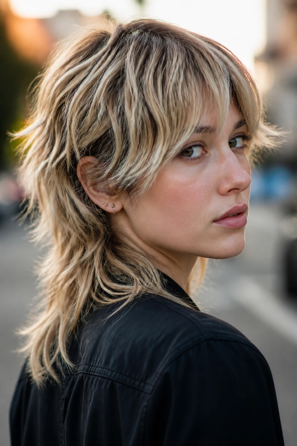 Close-up portrait of a person with soft mullet and cool blonde ribbons.