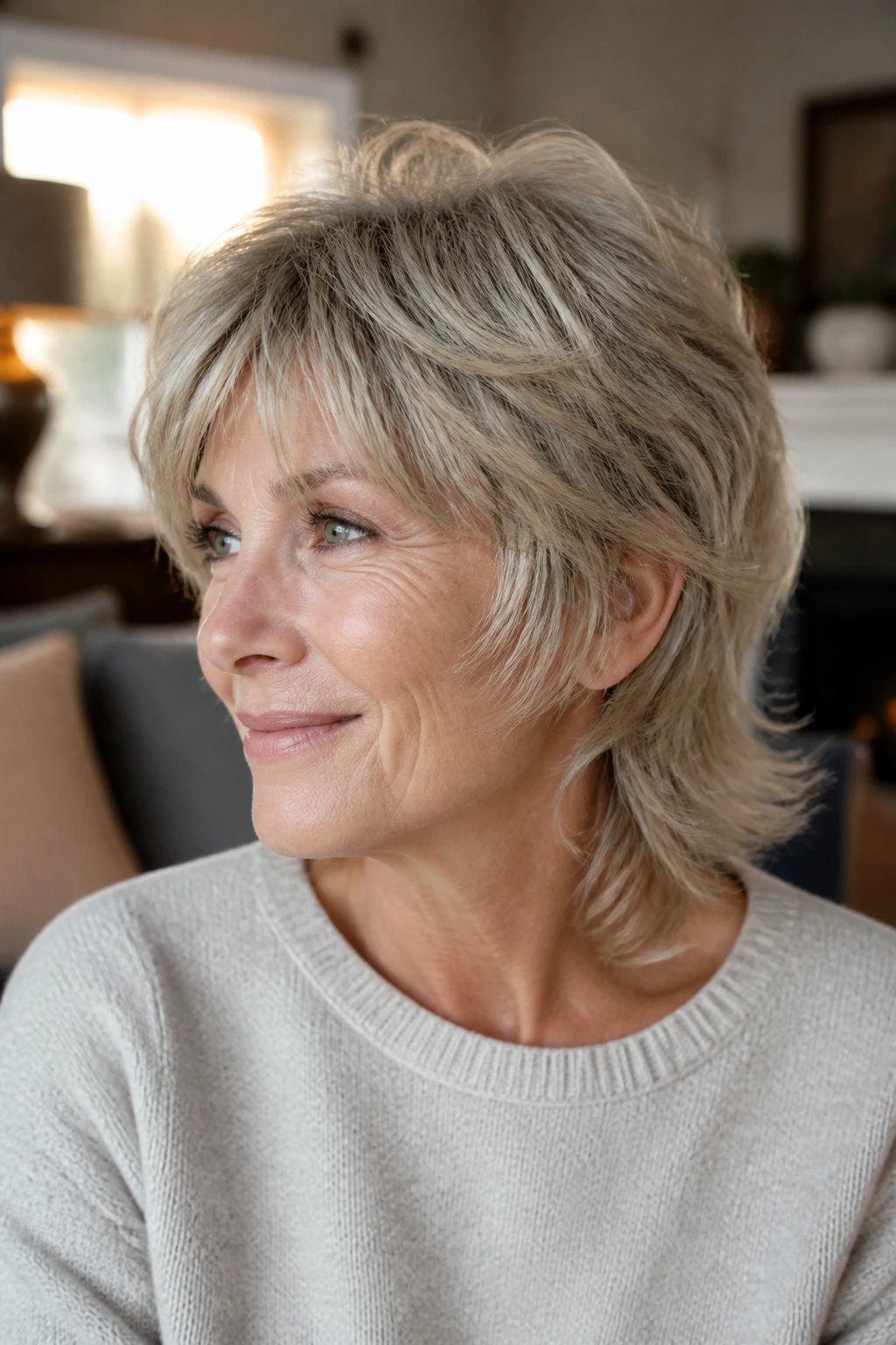Close-up portrait of a real woman with a soft mullet shag and feathered front pieces.