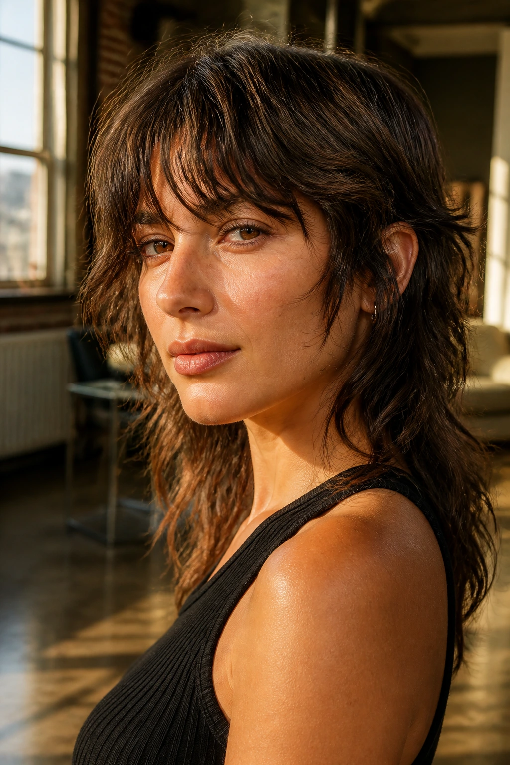 Real woman with soft mullet shag in sunlit loft