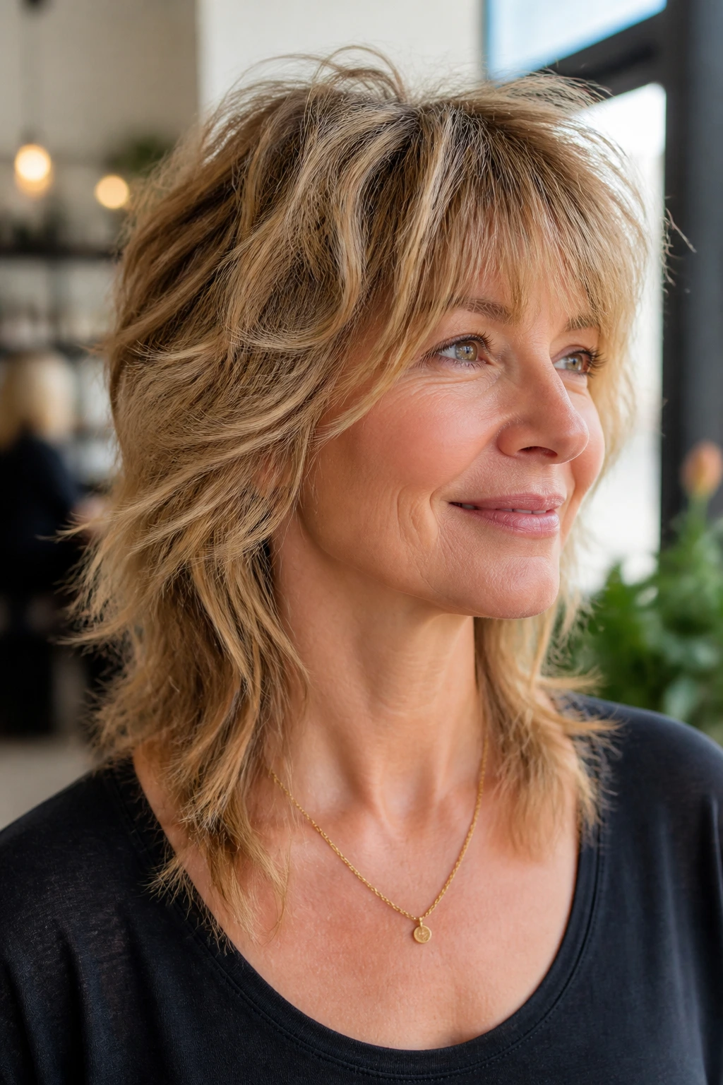 Portrait of a real woman with soft mullet shag in a sunlit salon