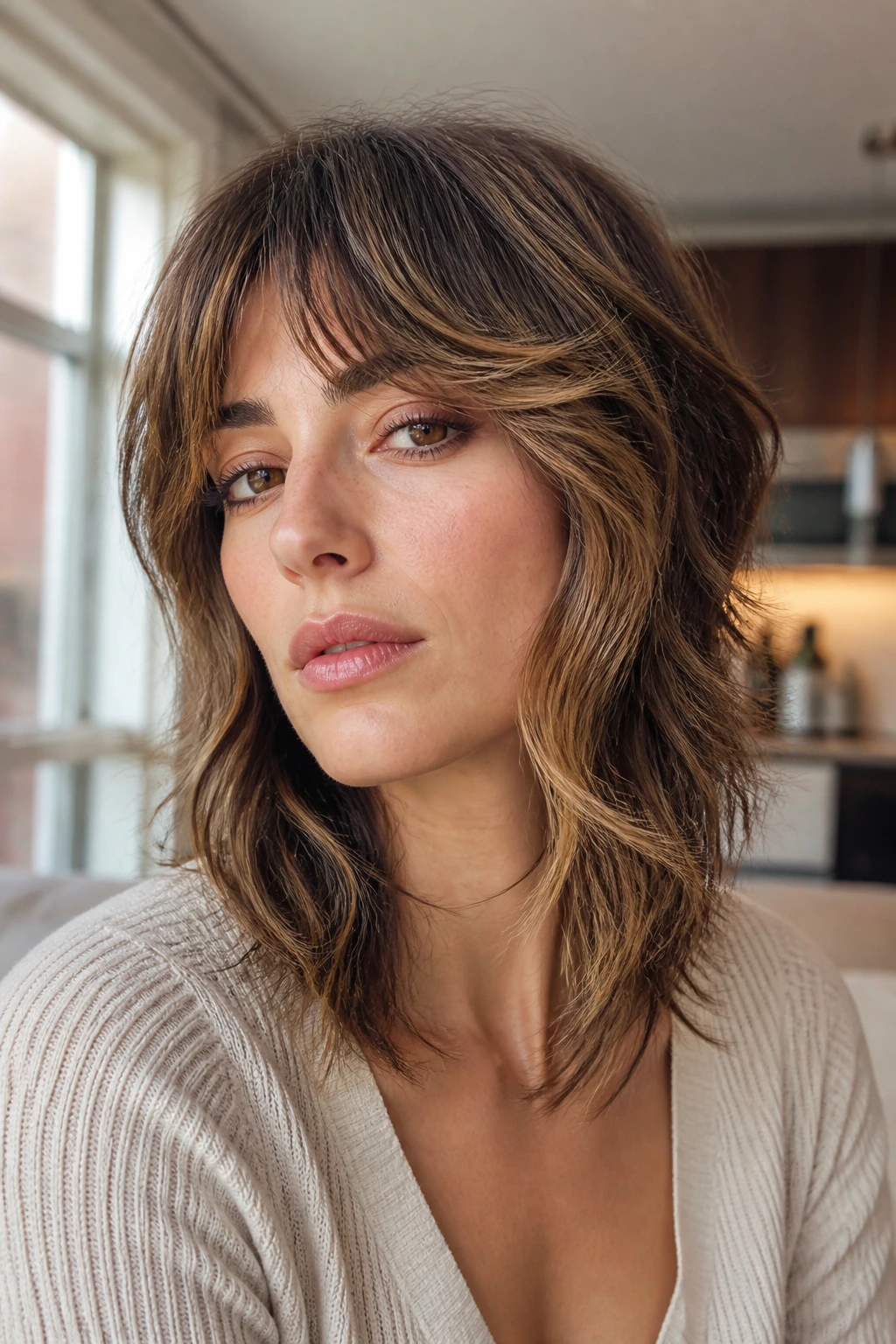 Close-up of a real woman with soft mullet shag and caramel highlights.
