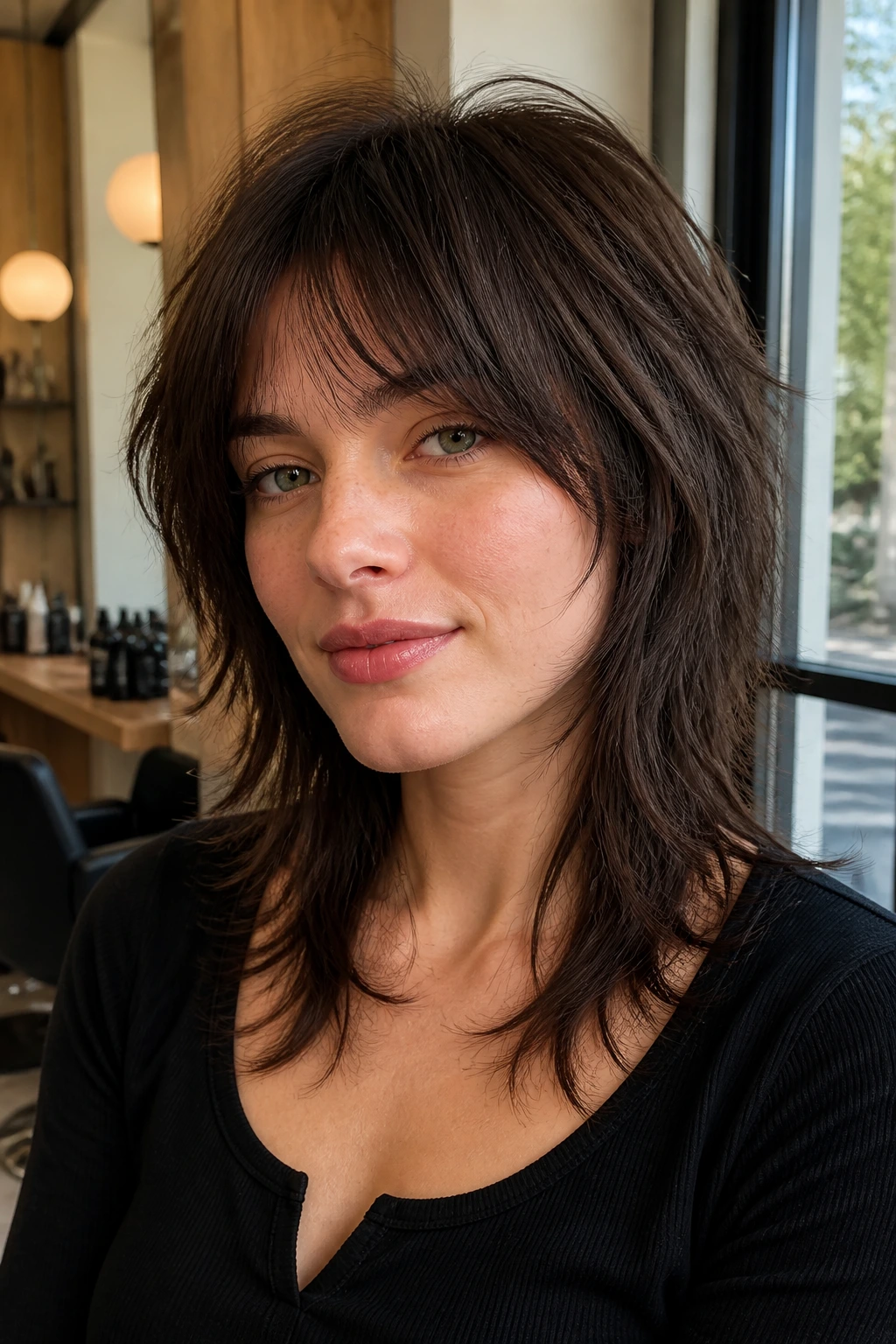 Close-up of a real woman with Soft Mullet Shag featuring longer front pieces and tapered back in warm salon light