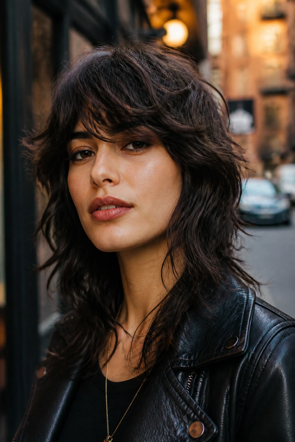 Real woman with soft mullet shag in an urban setting wearing a leather jacket