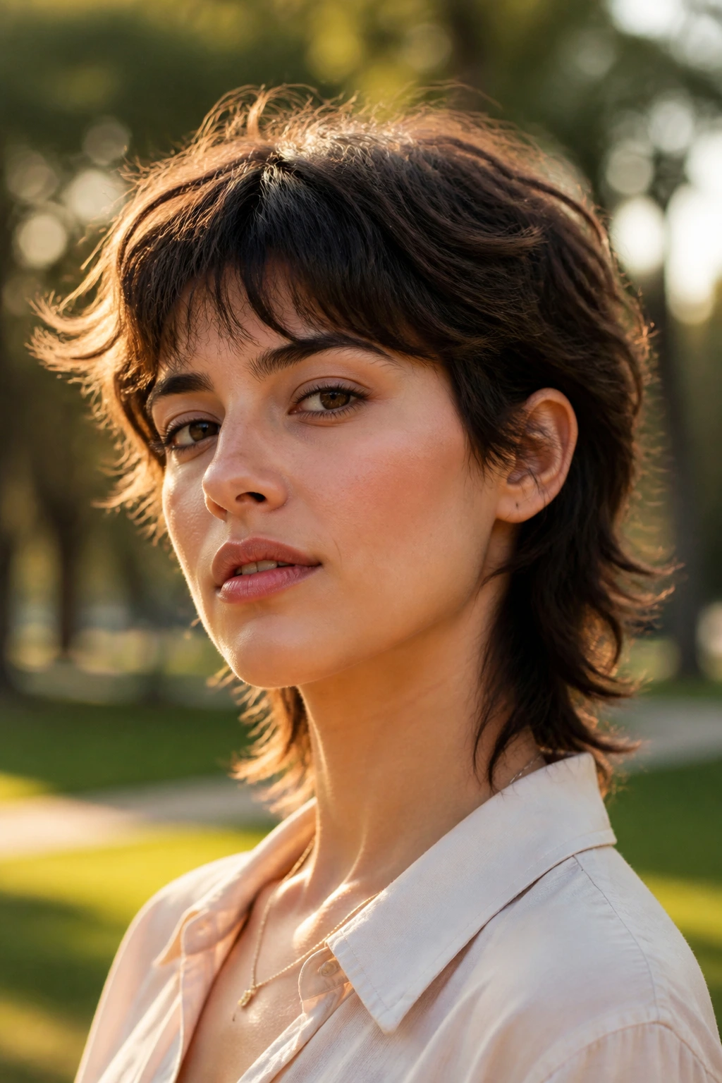 Portrait of person with soft mullet and short layers in golden hour light
