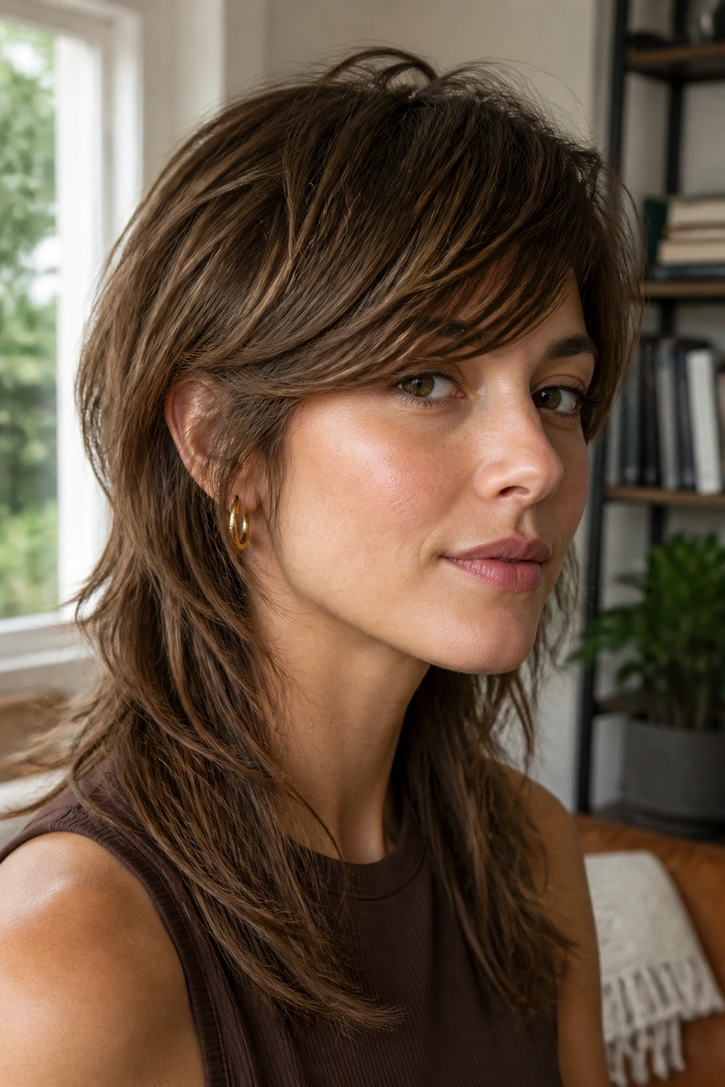 Close-up of real woman with soft mullet and side fringe in cozy natural light