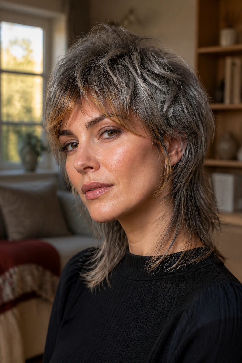 Close-up portrait of a real woman with a soft mullet featuring silver crown and caramel fringe