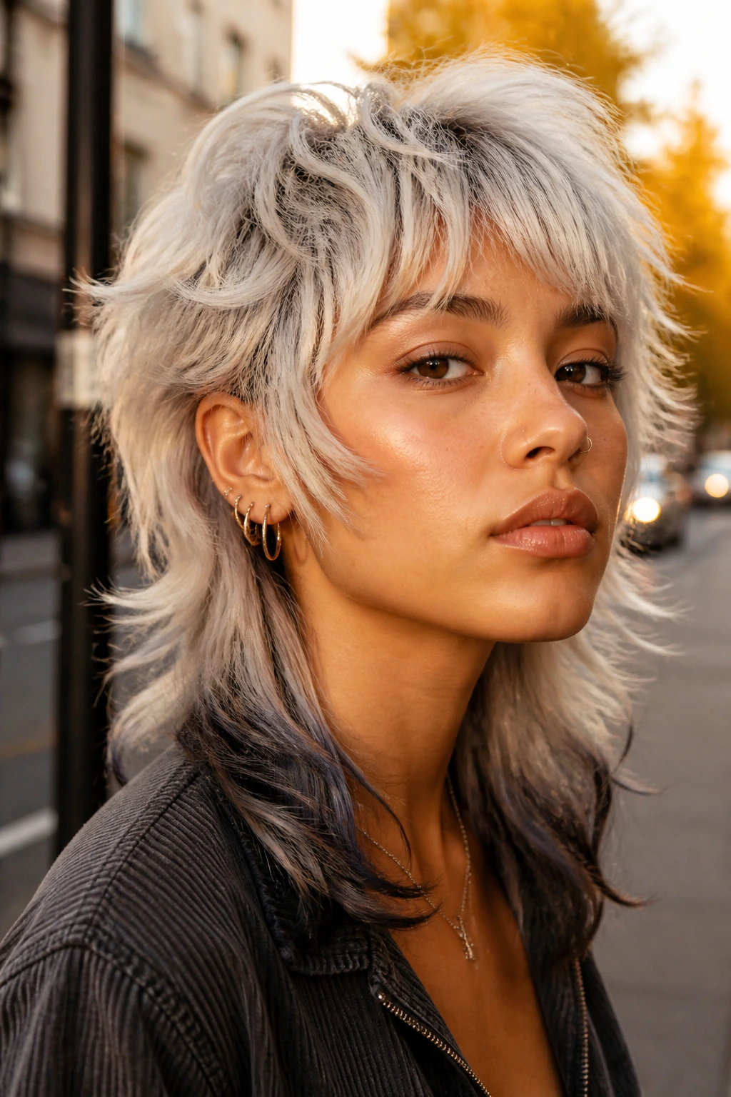 Close-up of a real woman with a soft mullet and smoky ends in icy blonde.