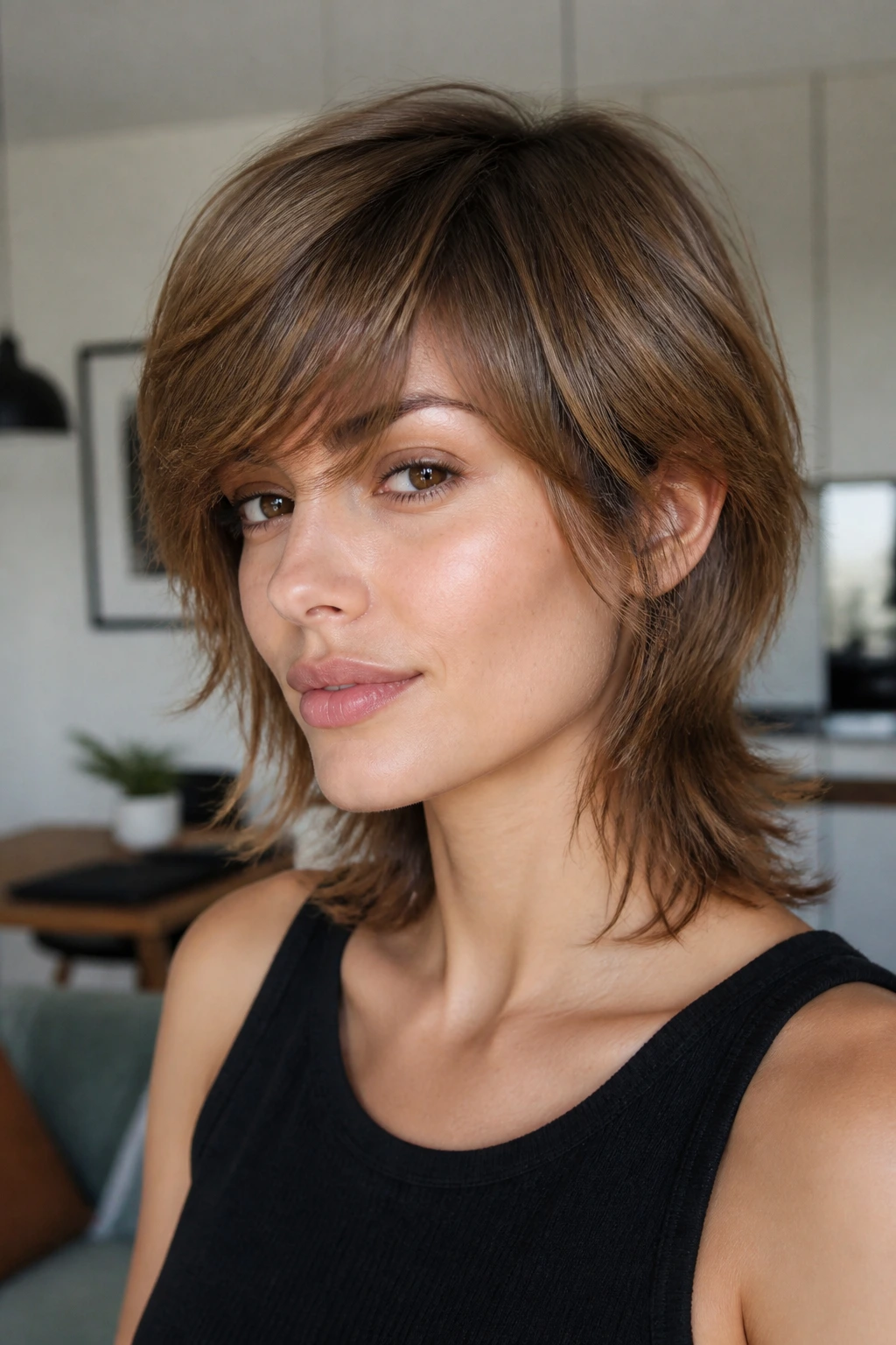 Close-up of real woman with soft mullet and swept fringe