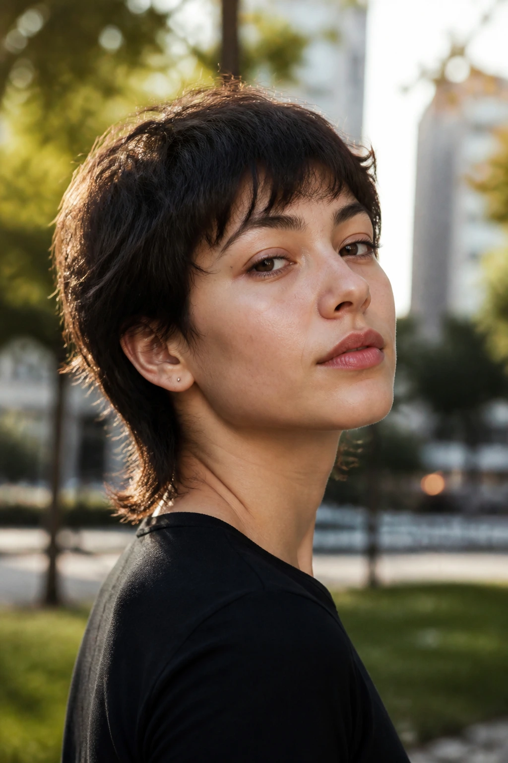 Close-up portrait of a real person with a soft mullet and tapered nape