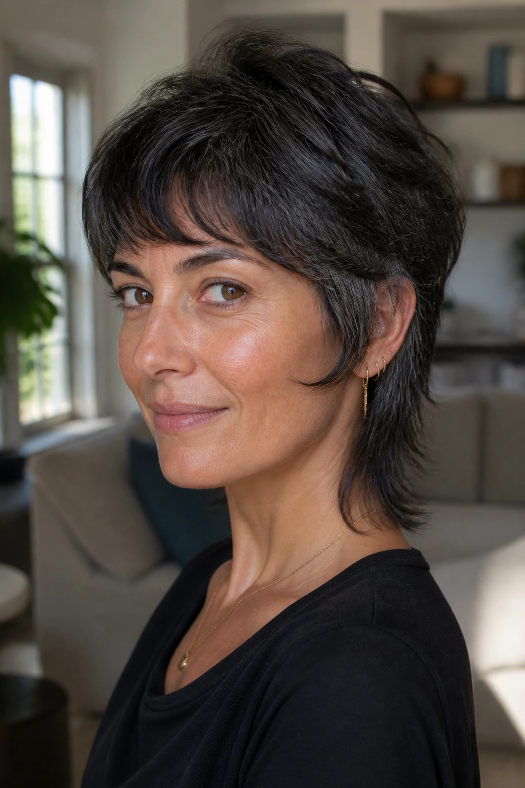 Close-up brunette with soft mullet and tapered nape showing silver strands.