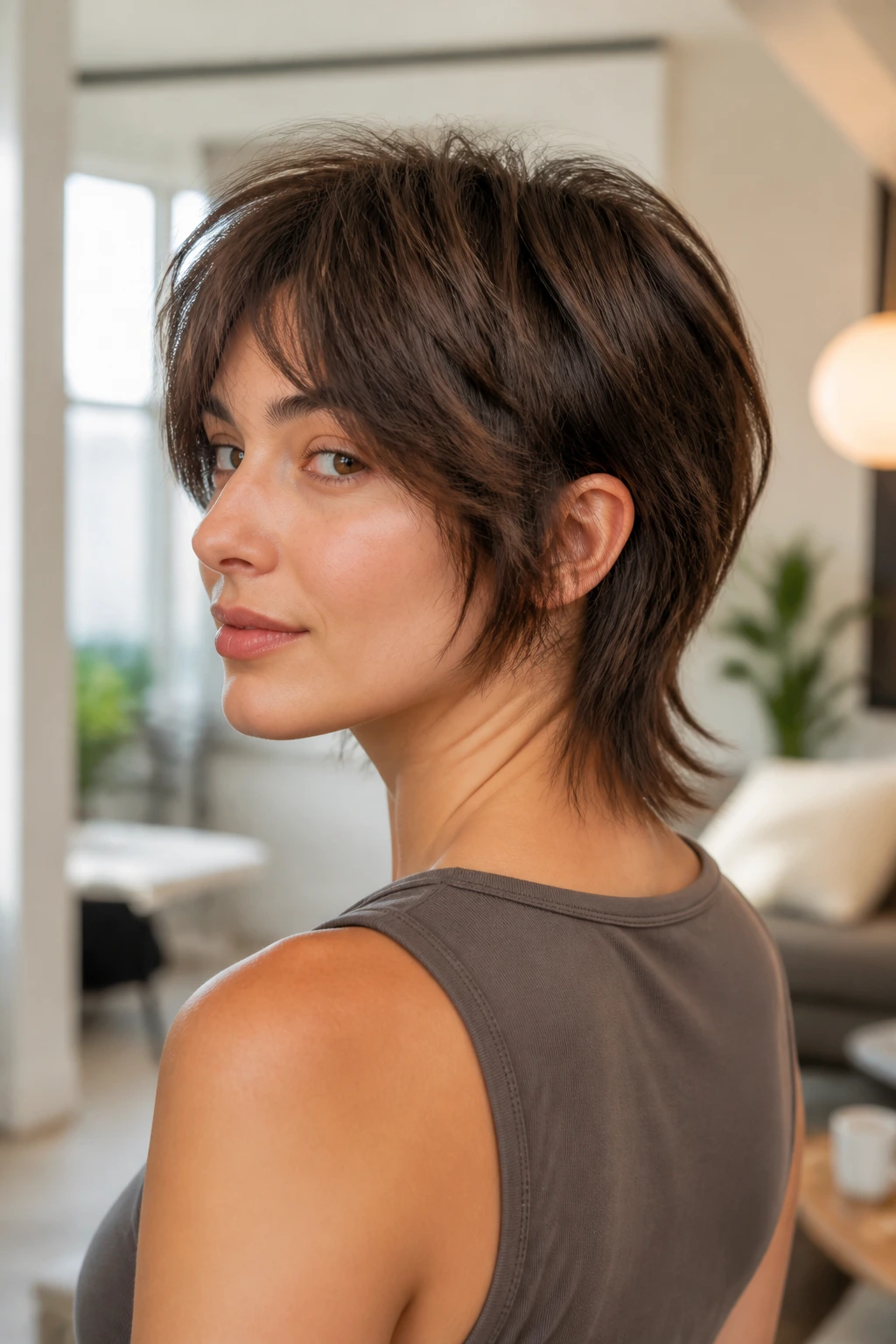 Real person with soft mullet and tapered nape in bright home setting.