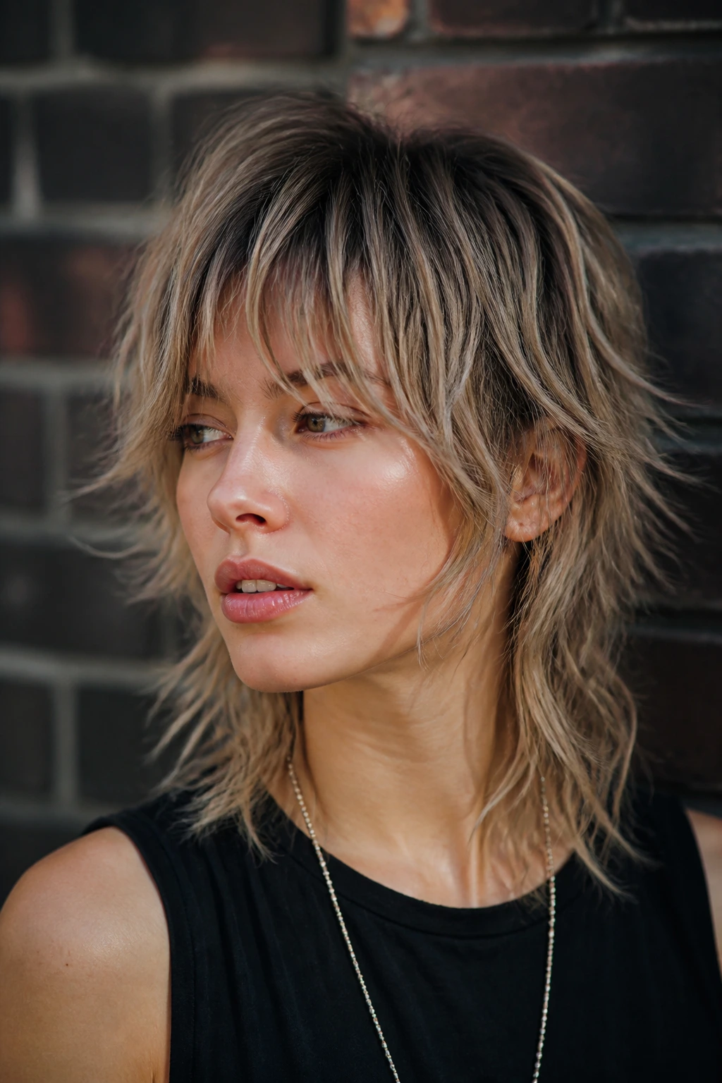 Close-up portrait of a real woman with soft mullet and smoky blonde texture in urban setting