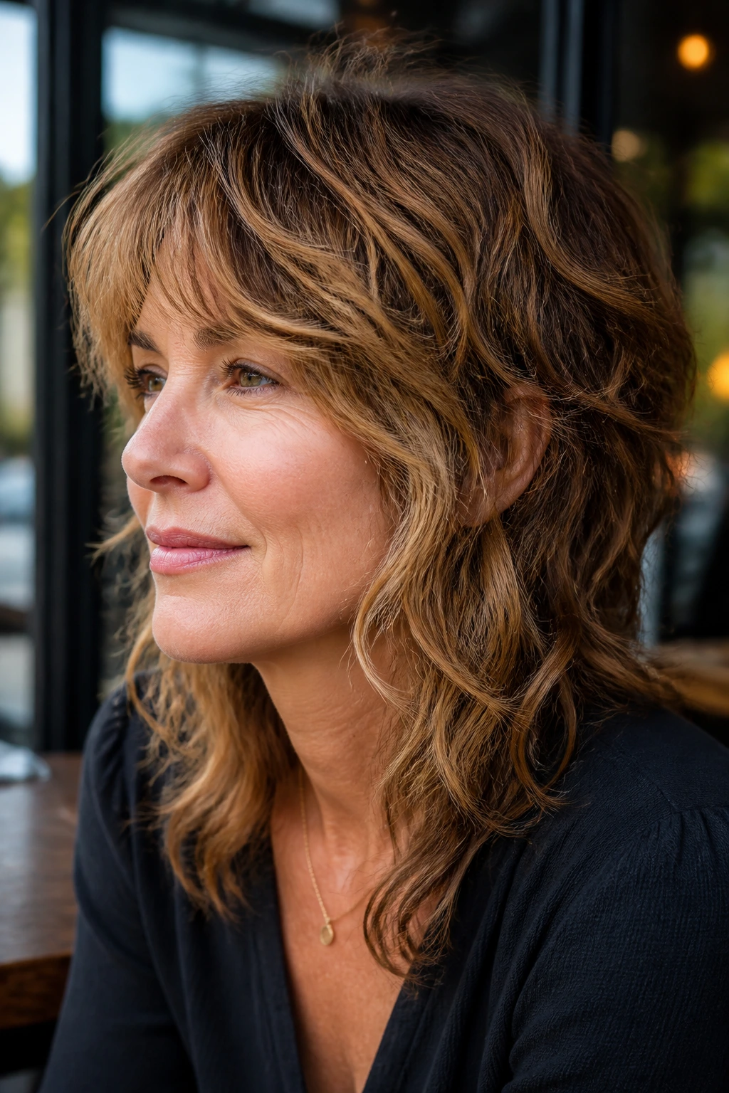 Close-up of a real woman with a soft mullet and loose waves with caramel highlights