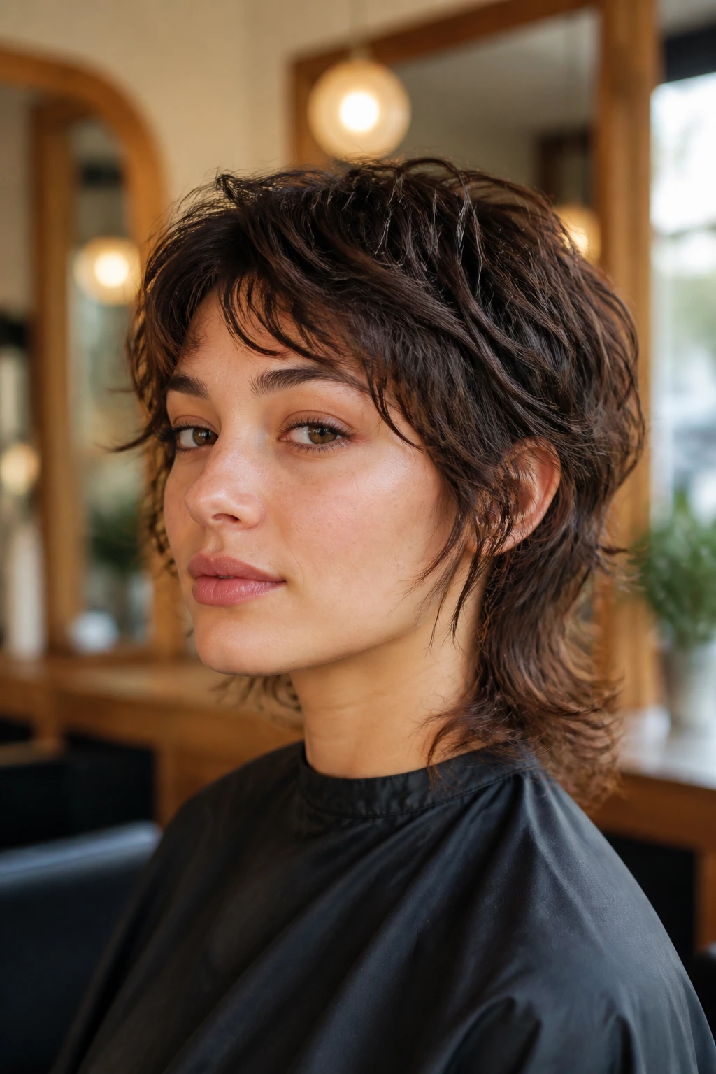 Close-up portrait of a real person with a soft mullet and wavy ends in a warm salon setting