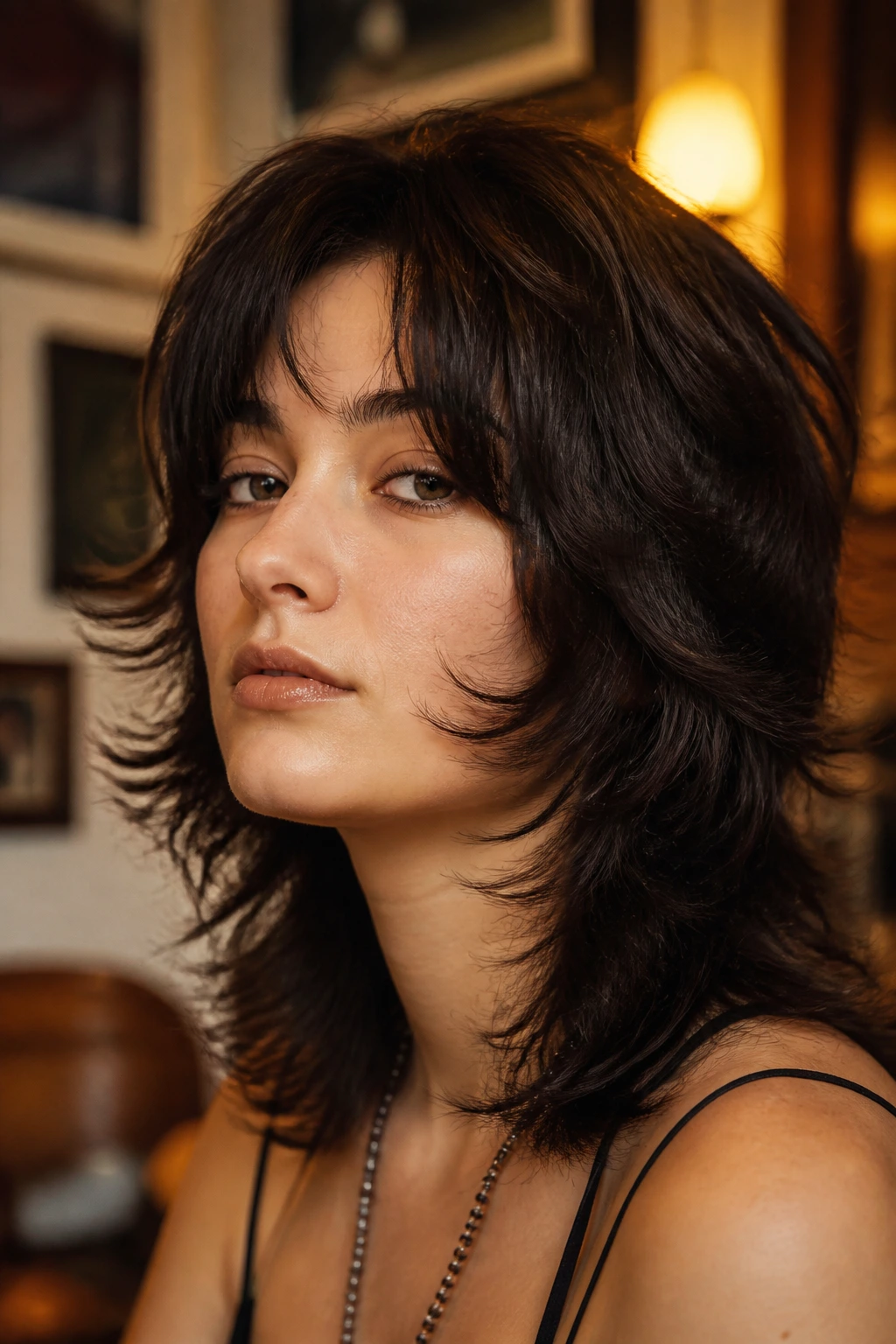 Close-up of a real person with a soft mullet and face-framing wings