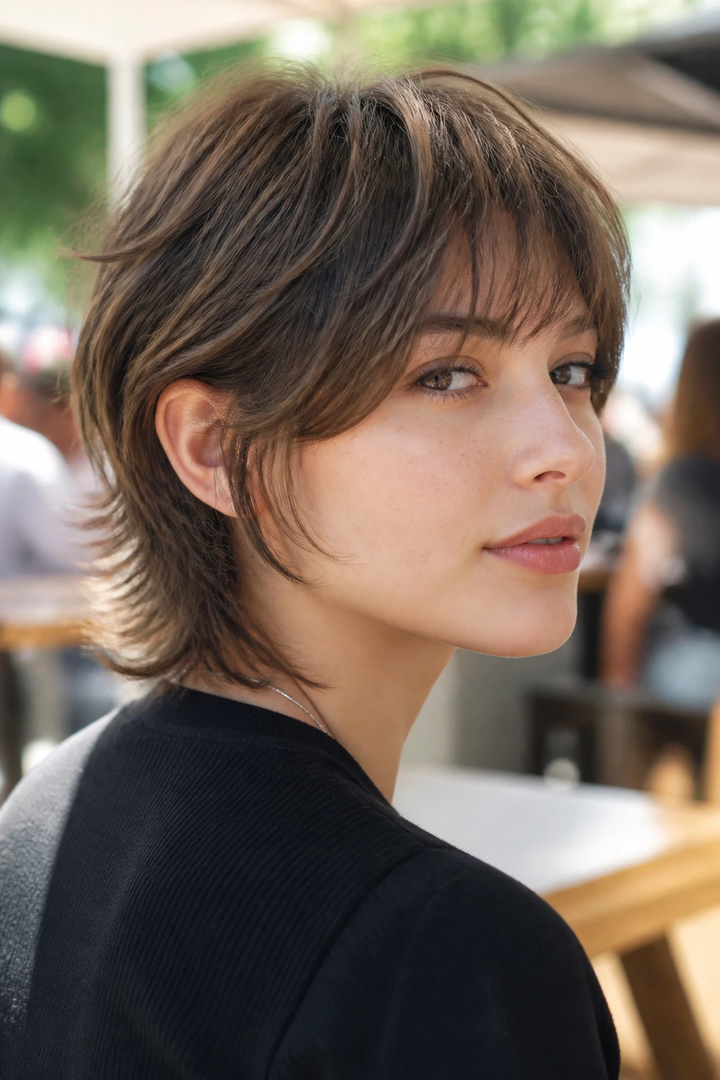 Real person with a soft mullet and wispy nape in natural outdoor light