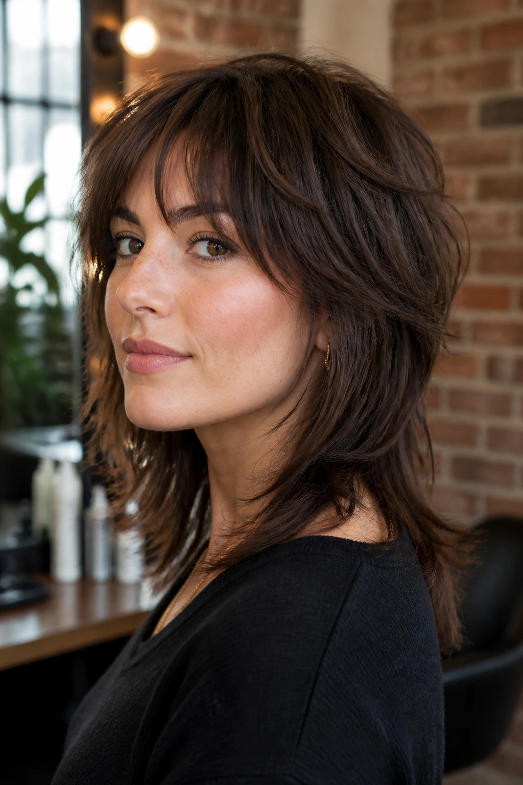 Close-up portrait of a real woman with a soft mullet and wolf edge in a salon