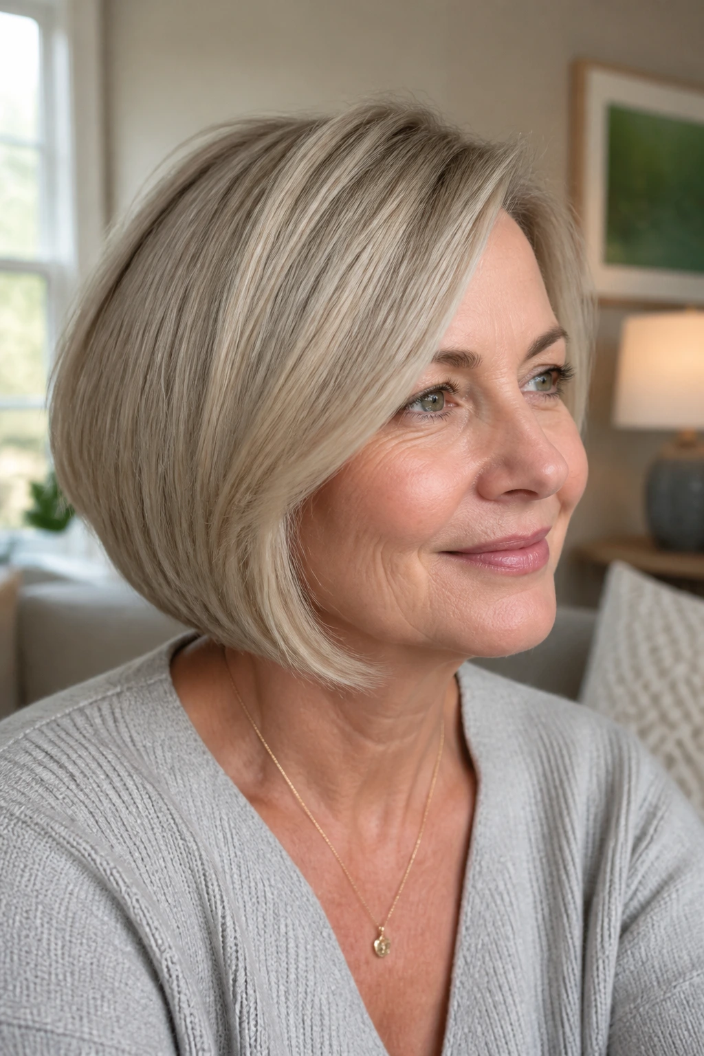 Real woman wearing a soft mushroom blonde bob in a cozy setting.