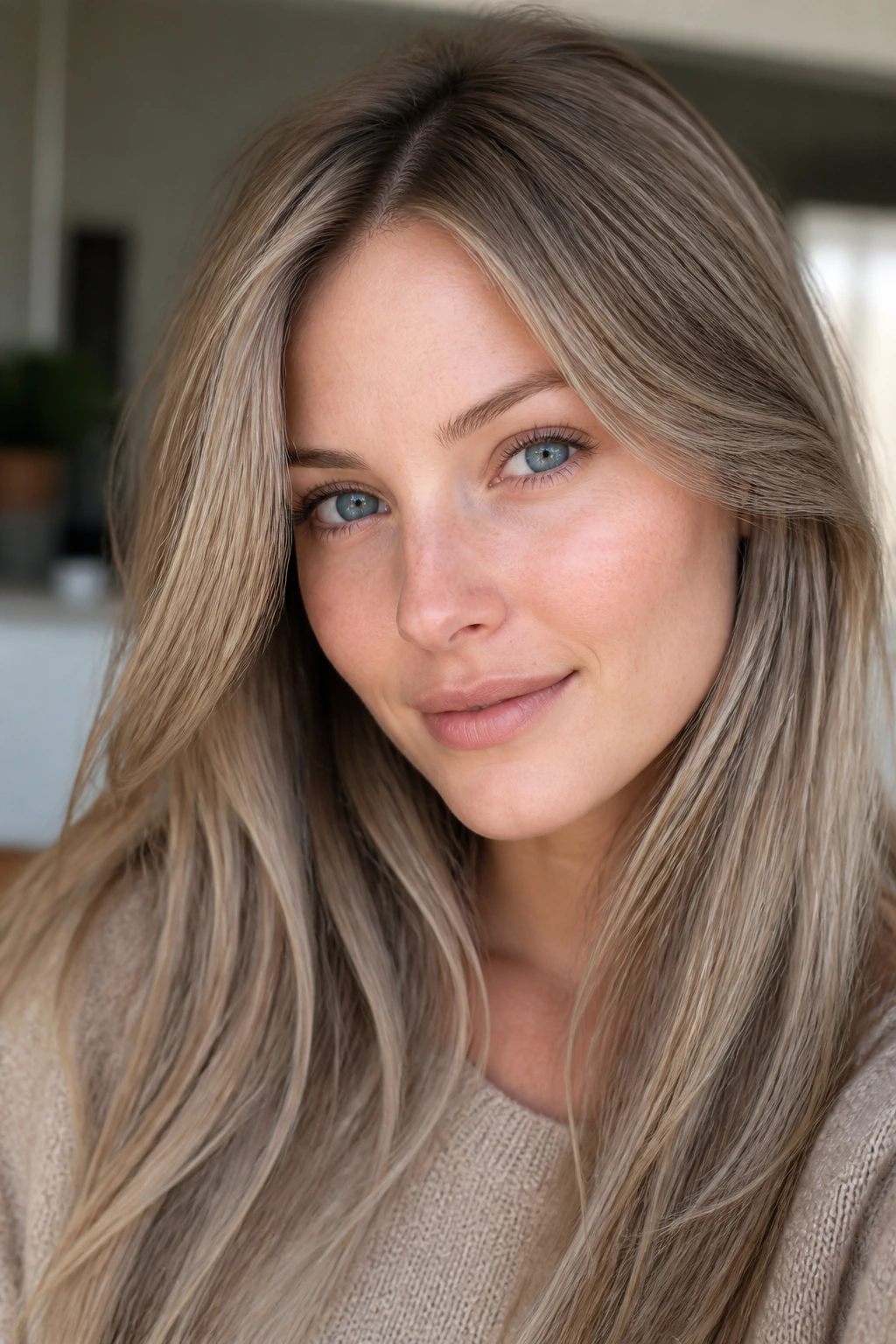Close-up of a real woman with soft mushroom blonde hair in natural light
