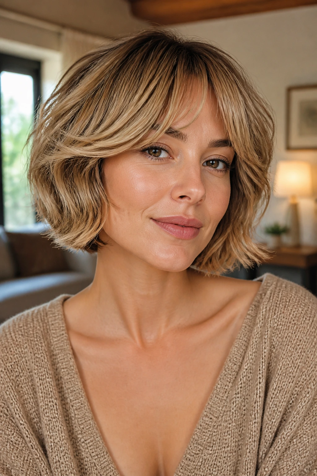Close-up of a real woman with a soft mushroom bob and caramel glow