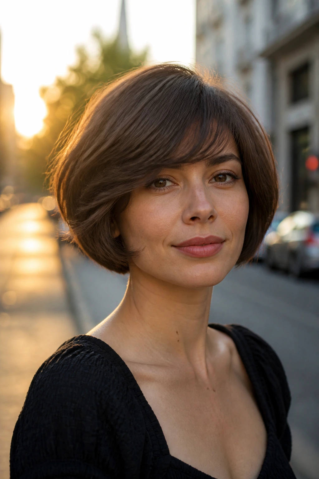 Portrait of a real woman with a soft mushroom bob and swingy bangs outdoors at golden hour