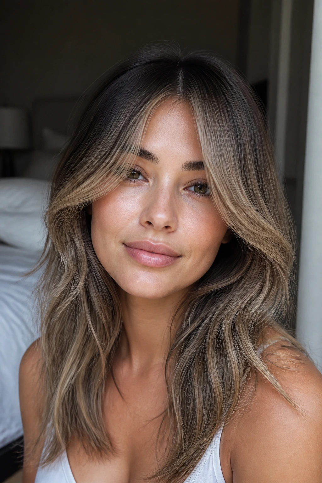 Close-up of brunette with soft mushroom bronde and center curtain layers
