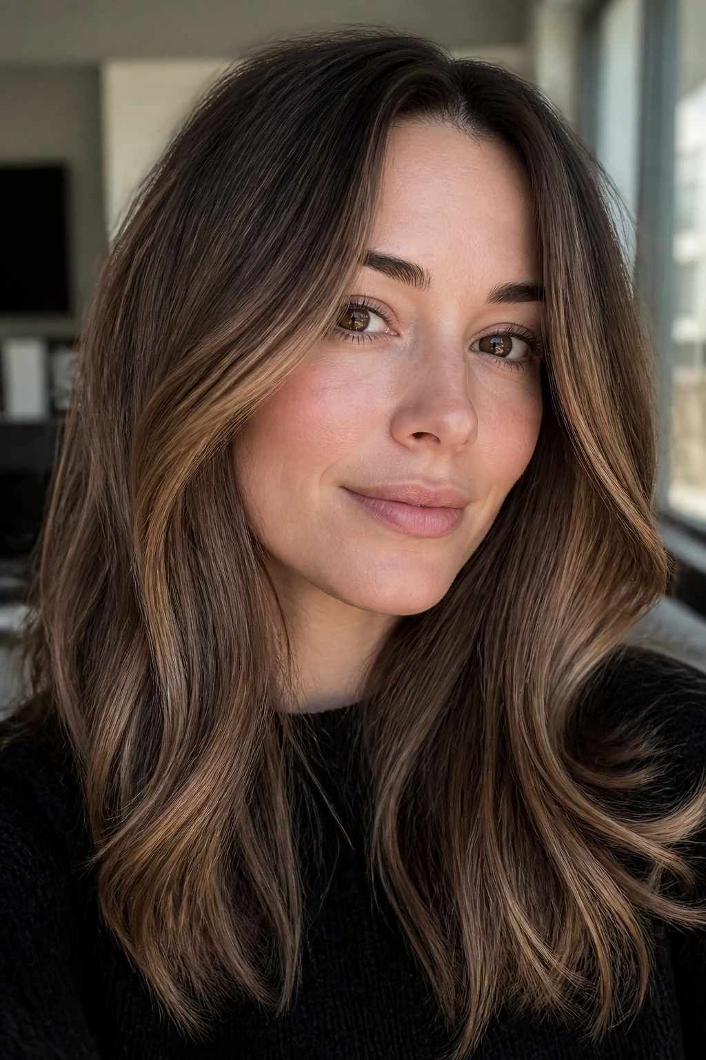 Close-up of soft mushroom brown hair with caramel veils framing the face.