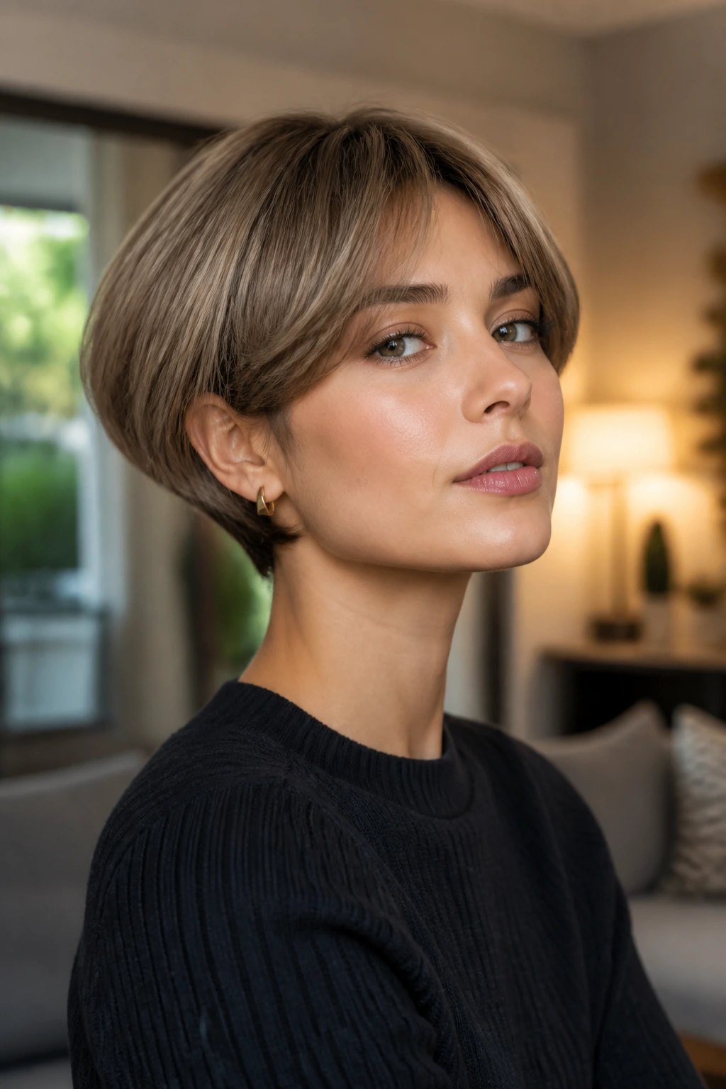 Portrait of a real woman with a soft mushroom bob and grown-out edges