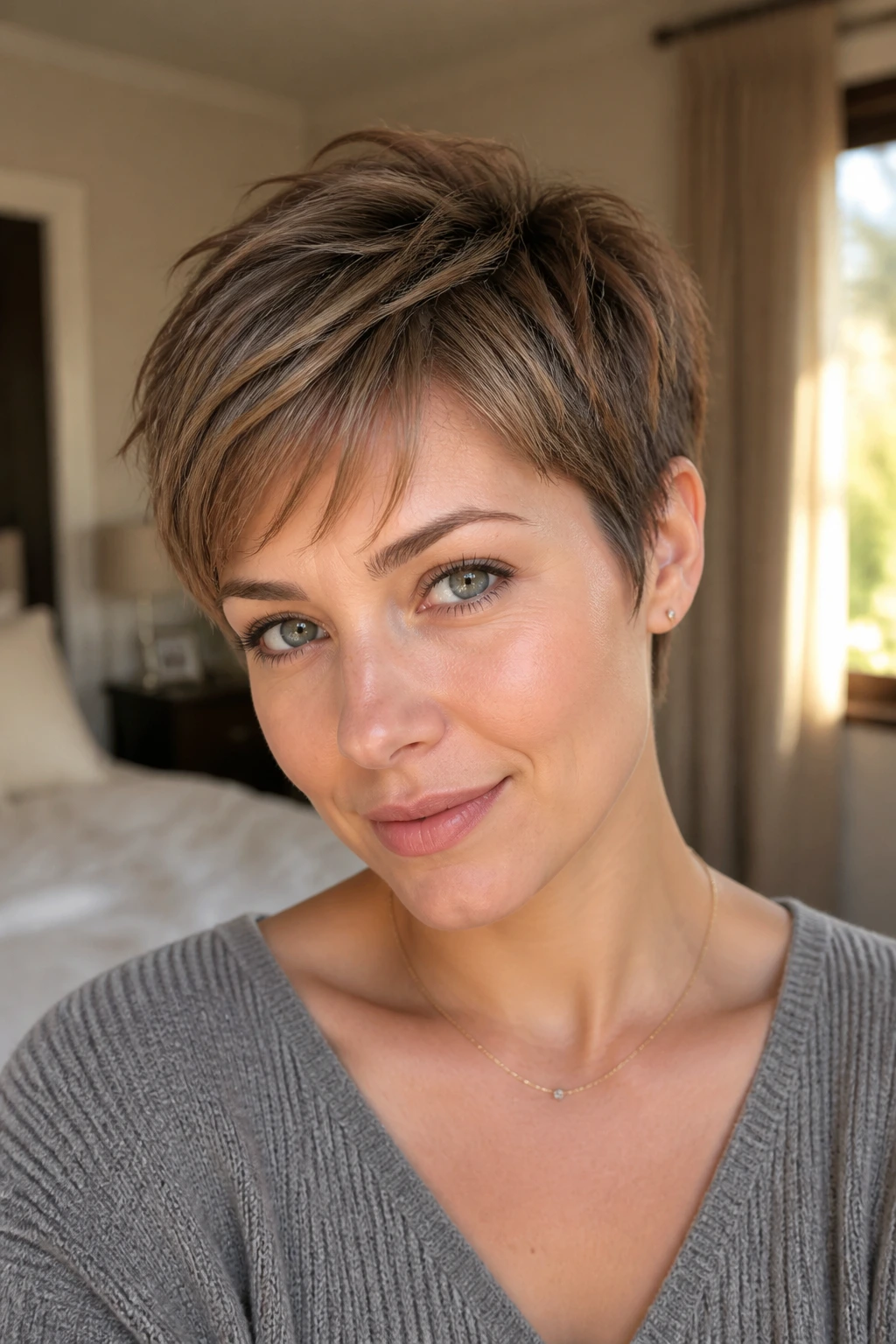 Real woman with soft mushroom brown pixie hairstyle