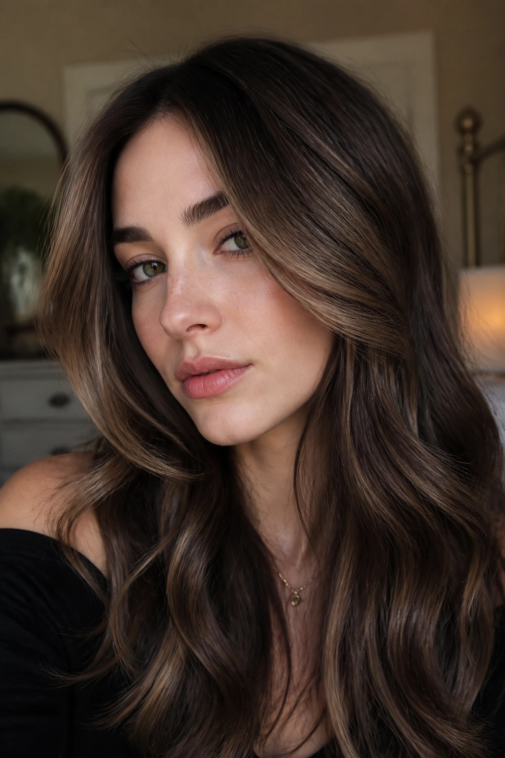 Portrait of a real woman with soft mushroom brown face-framing ribbons along the cheeks
