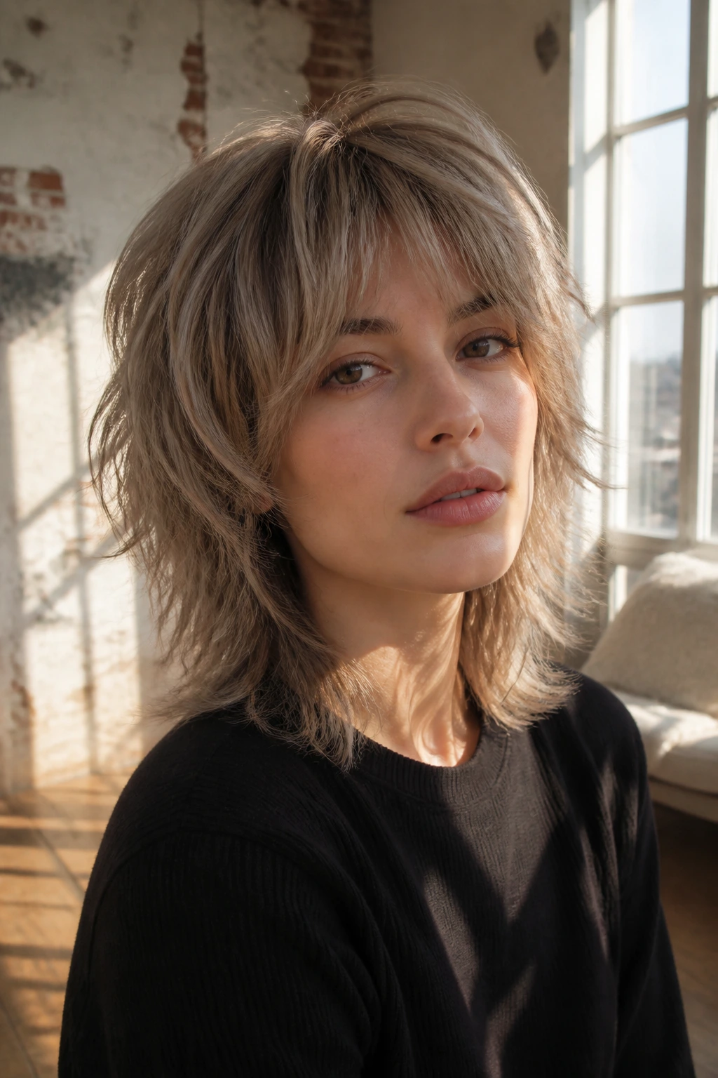 Close-up of a real person with a soft mushroom shag hairstyle