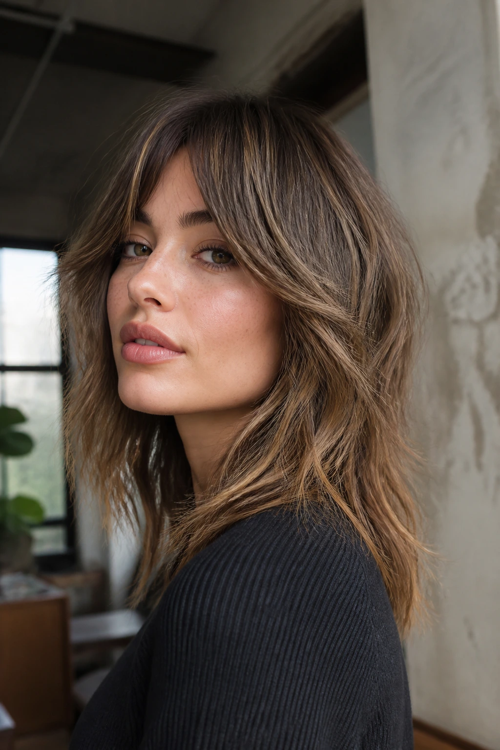 Close-up portrait of a real woman with mushroom brown roots and rooted caramel
