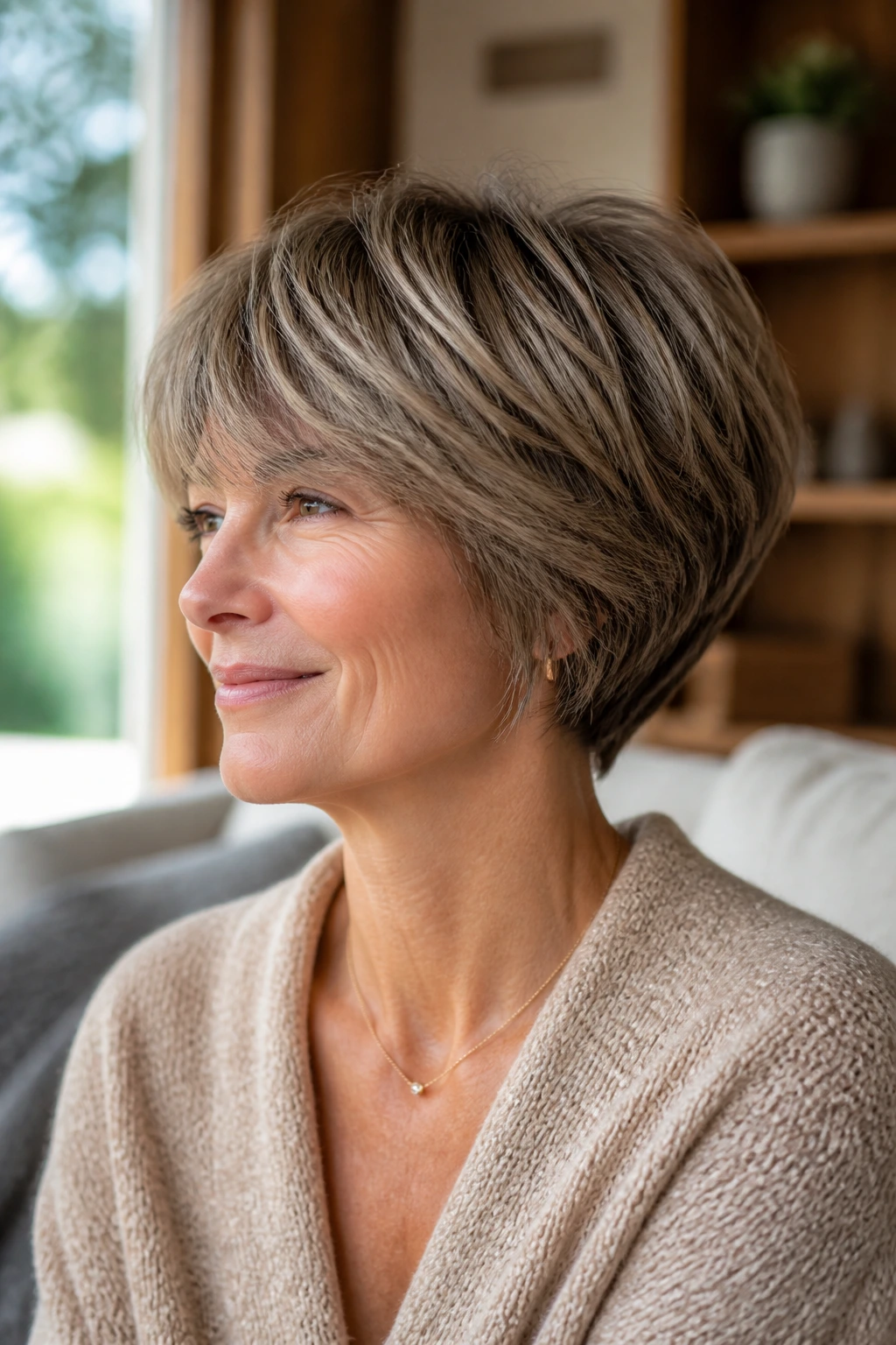 Close-up of a real woman with Soft Mushroom Stack hairstyle.