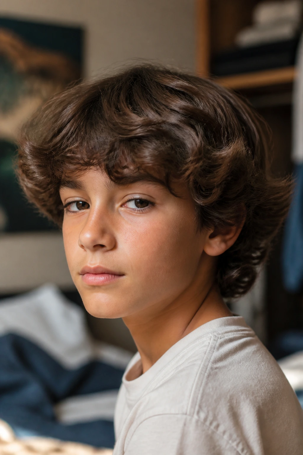 Close-up portrait of a real preteen boy with a soft mushroom wave hairstyle, layered feathered edges, natural window light