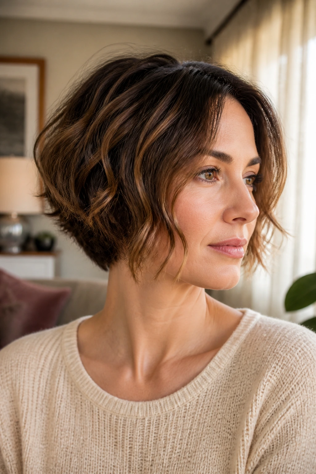 Close-up portrait of a real woman with soft nape-stacked bob and wavy hair in cozy daylight