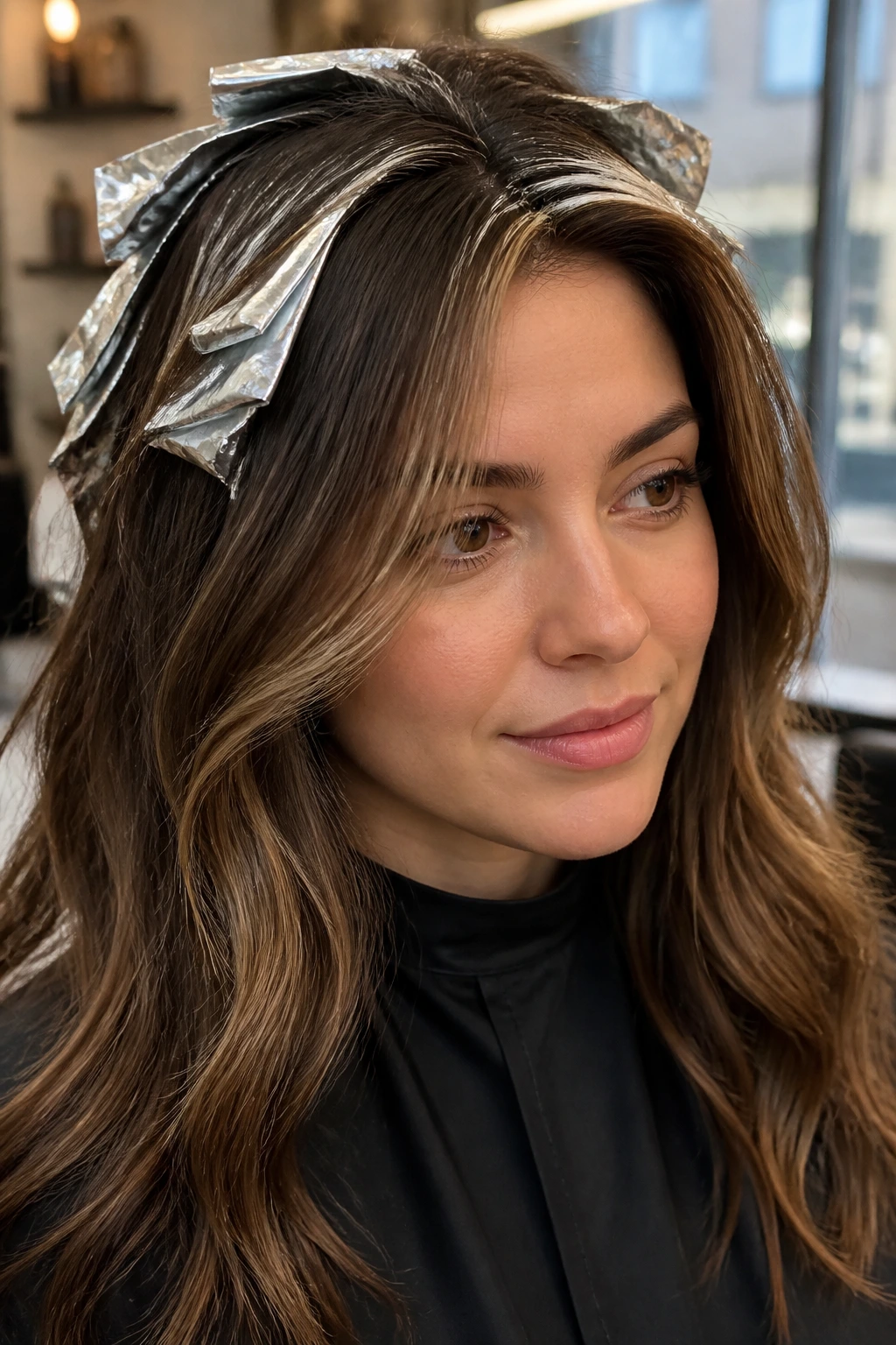 Close-up brunette with beige crown foils for softness variations