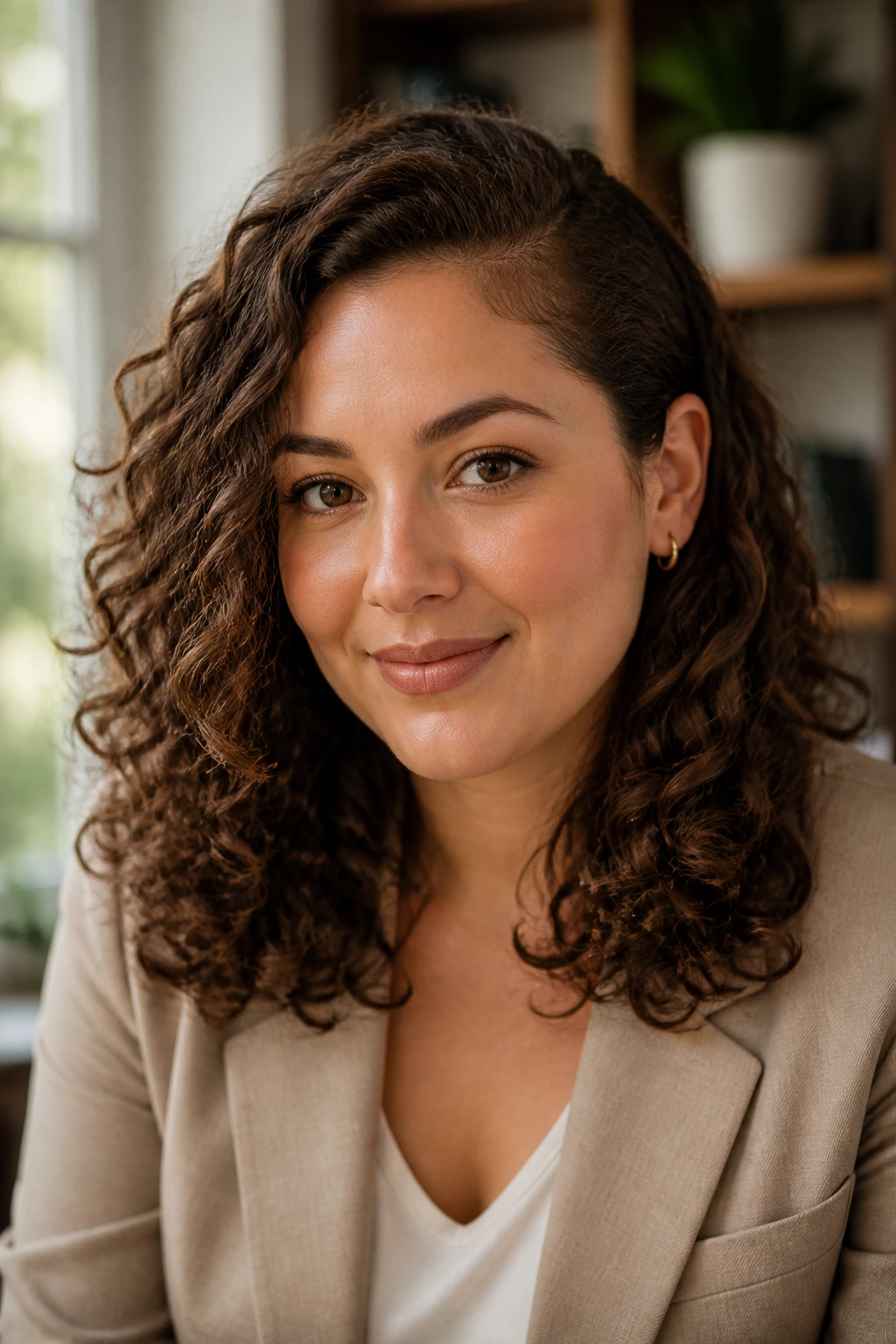 Close-up of a real woman with soft office curled hairstyle, side-part and tucked ear, natural window light