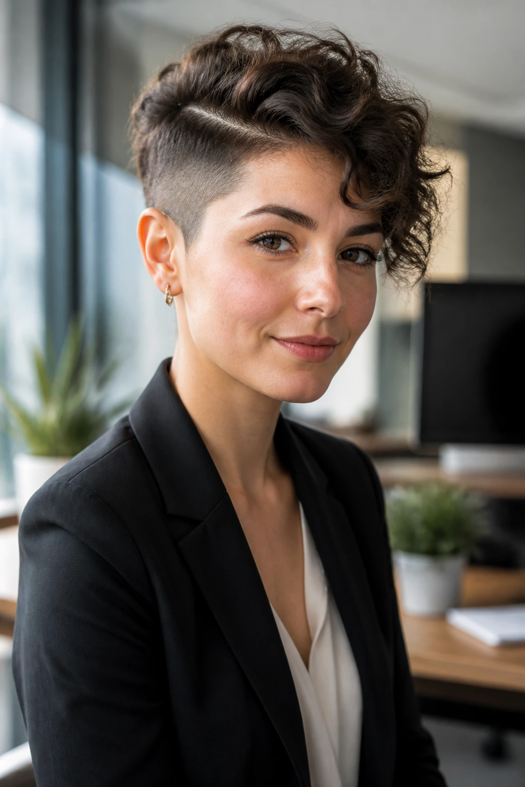 Close-up portrait of a real woman with a shaved-sides pixie cut swept to the side in an office setting