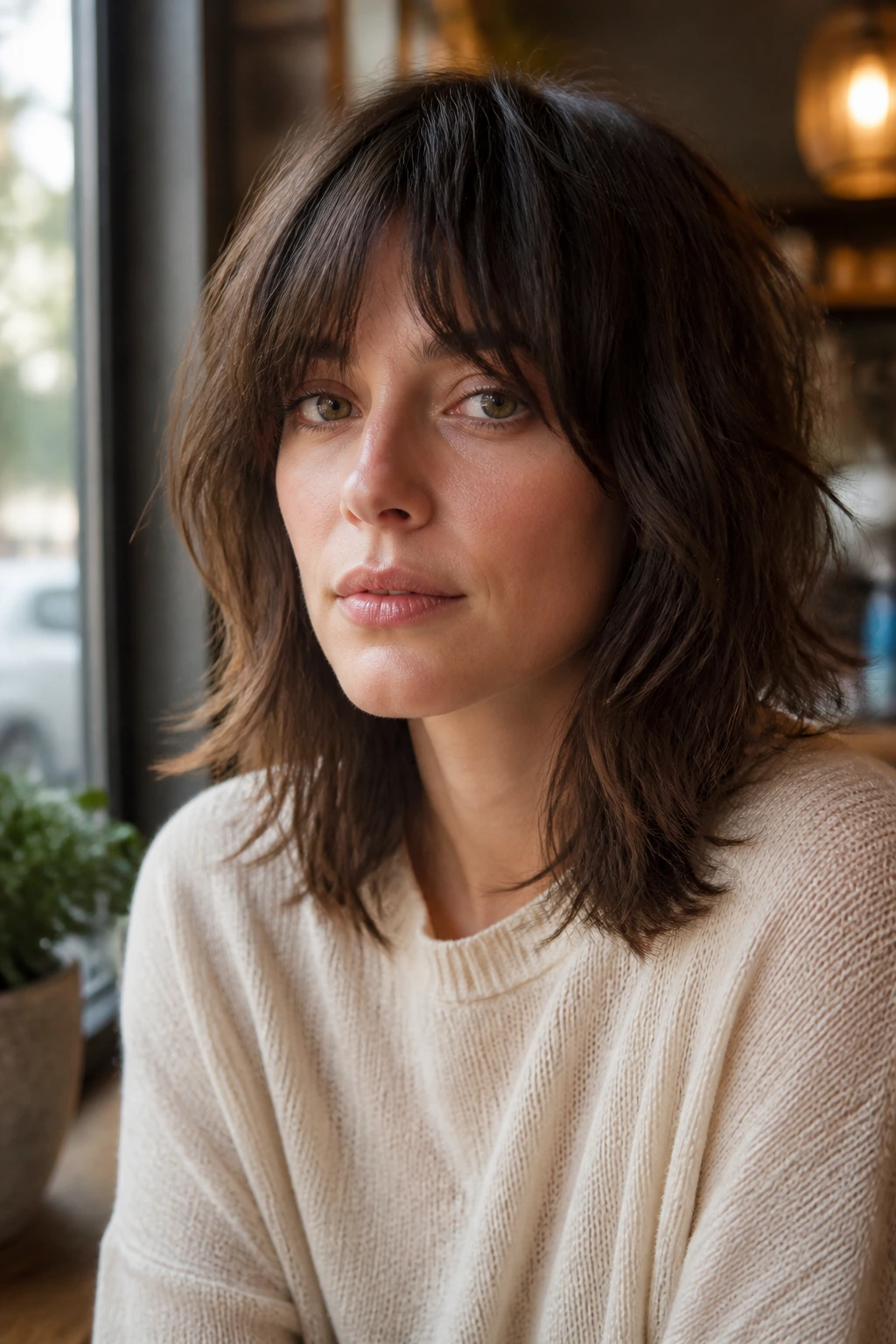 Portrait of a real person showcasing Soft Office Version shag in cafe window light.