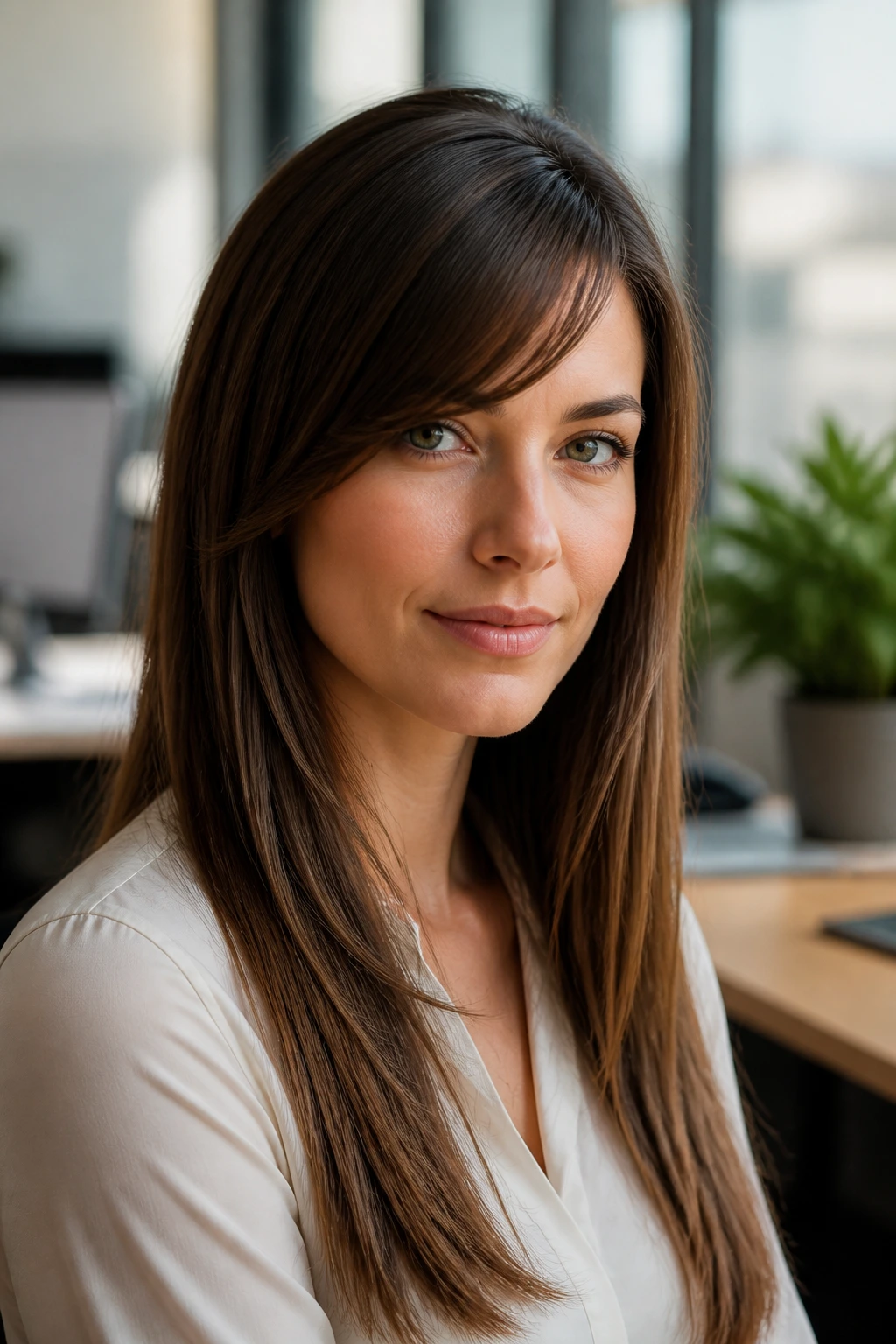 Close-up portrait of a real woman with soft office sweep bangs
