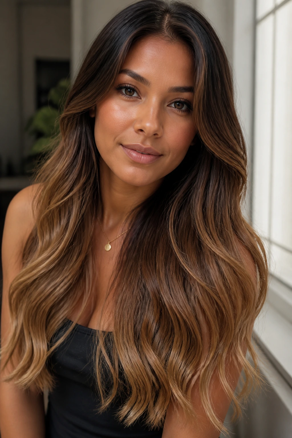 Close-up portrait with soft ombre brown to caramel ends on long hair
